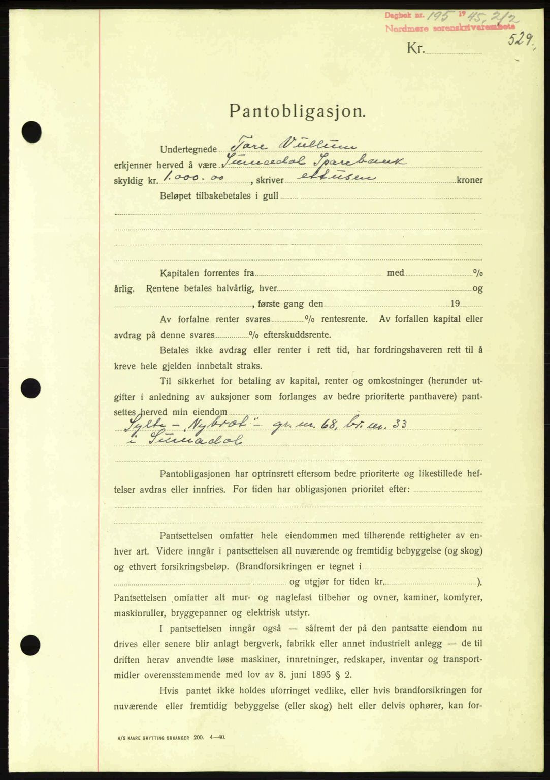 Nordmøre sorenskriveri, AV/SAT-A-4132/1/2/2Ca: Mortgage book no. B92, 1944-1945, Diary no: : 195/1945