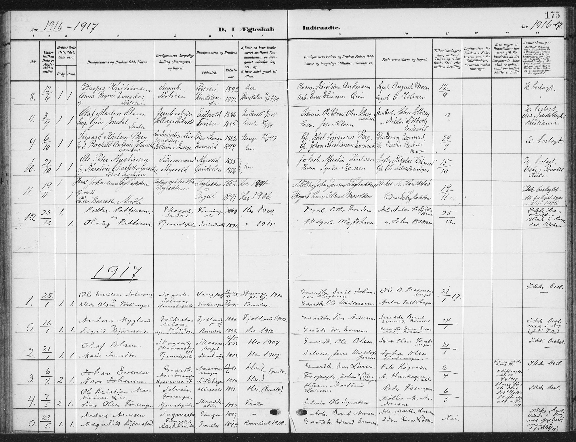 Romedal prestekontor, SAH/PREST-004/K/L0009: Parish register (official) no. 9, 1906-1929, p. 175