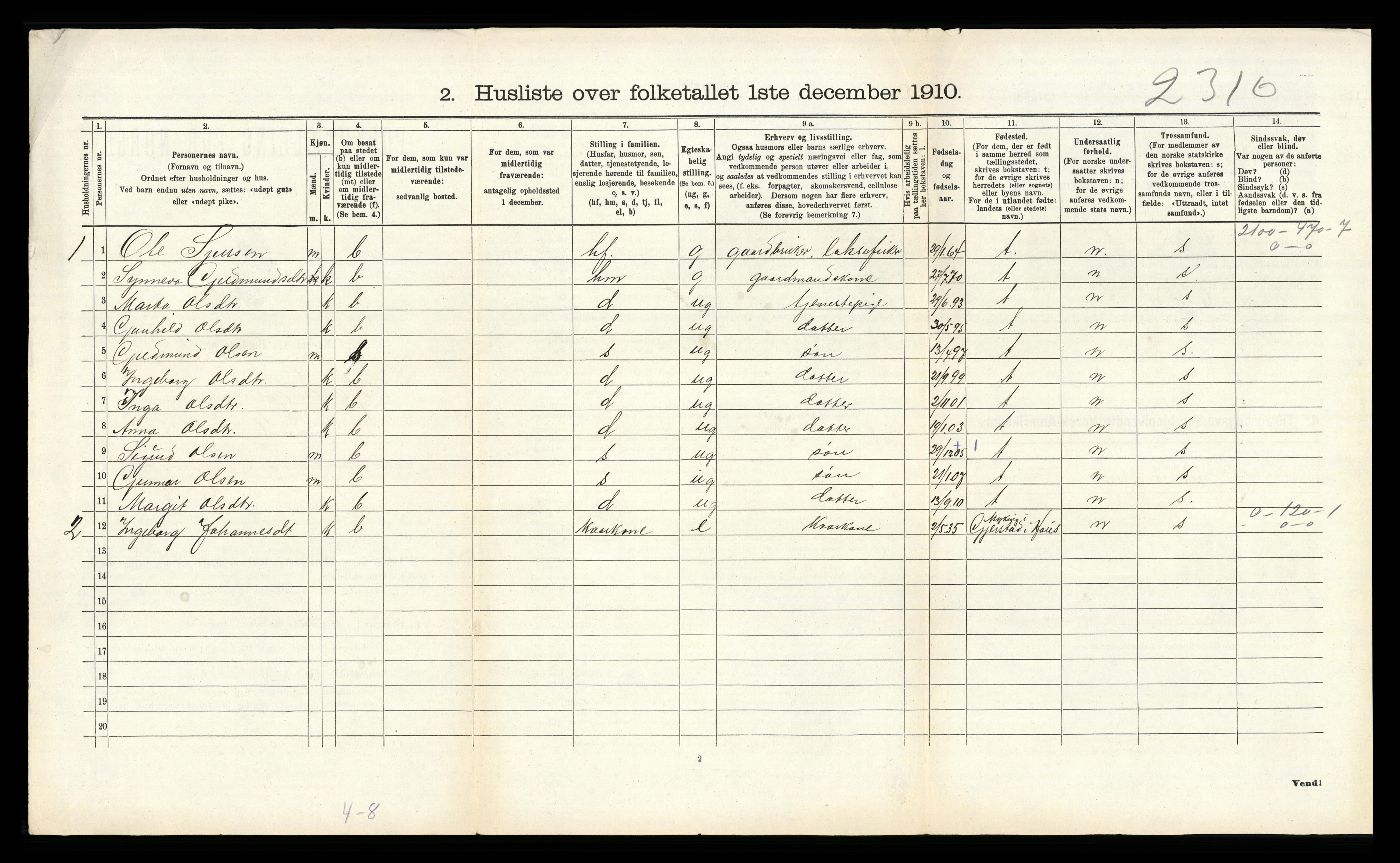 RA, 1910 census for Hosanger, 1910, p. 277