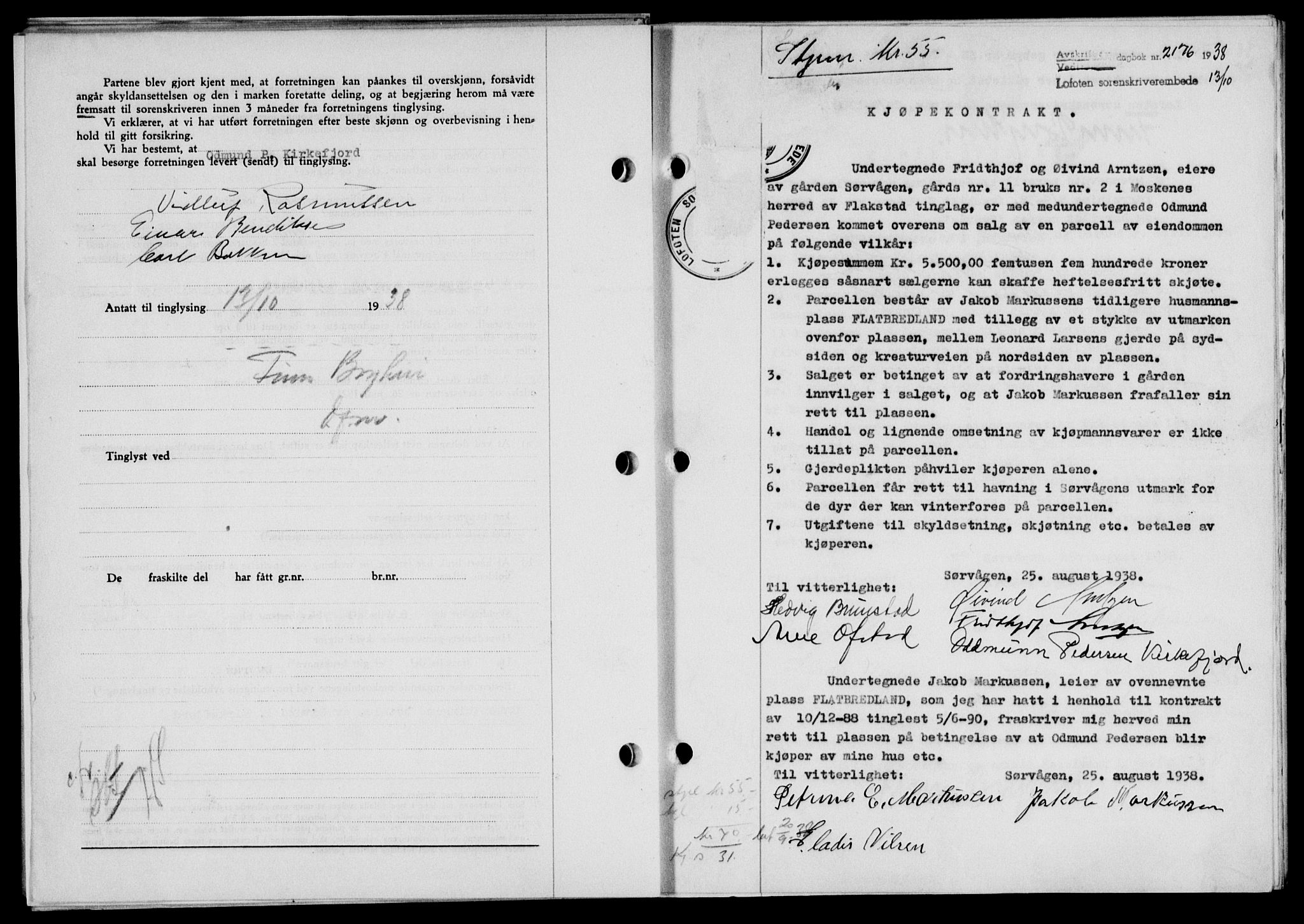 Lofoten sorenskriveri, SAT/A-0017/1/2/2C/L0004a: Mortgage book no. 4a, 1938-1938, Diary no: : 2176/1938