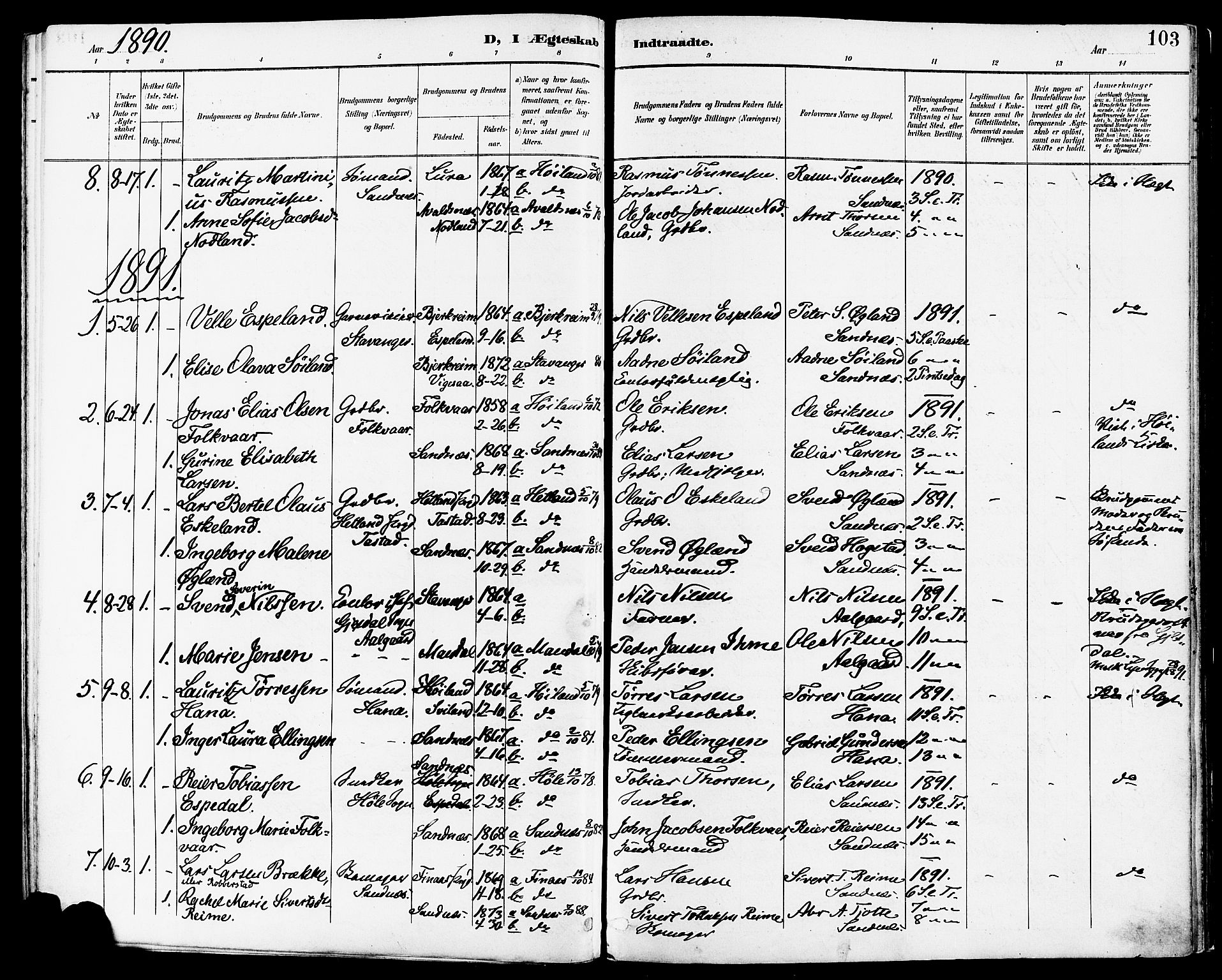 Høyland sokneprestkontor, AV/SAST-A-101799/001/30BA/L0014: Parish register (official) no. A 12, 1890-1898, p. 103