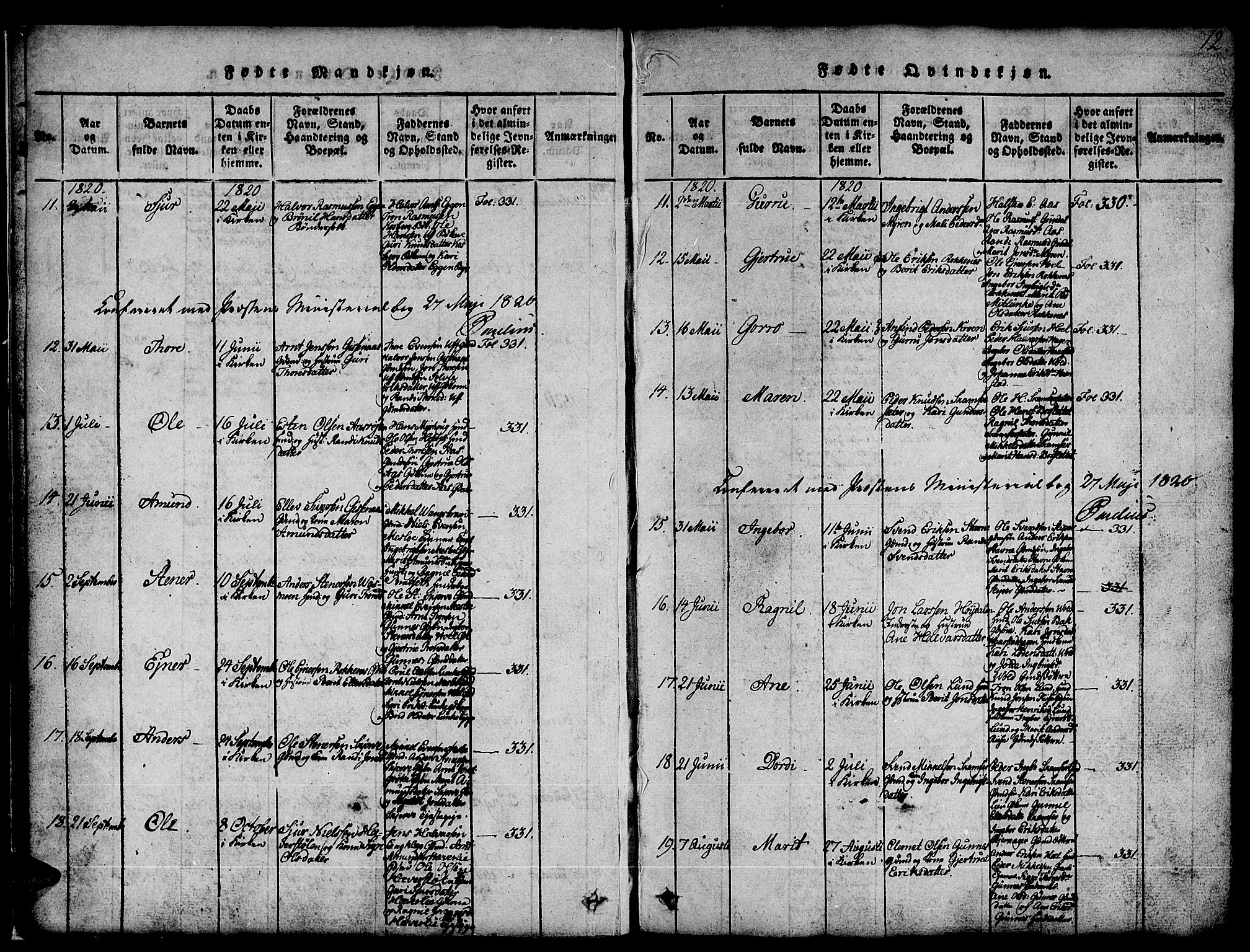 Ministerialprotokoller, klokkerbøker og fødselsregistre - Sør-Trøndelag, SAT/A-1456/674/L0874: Parish register (copy) no. 674C01, 1816-1860, p. 12