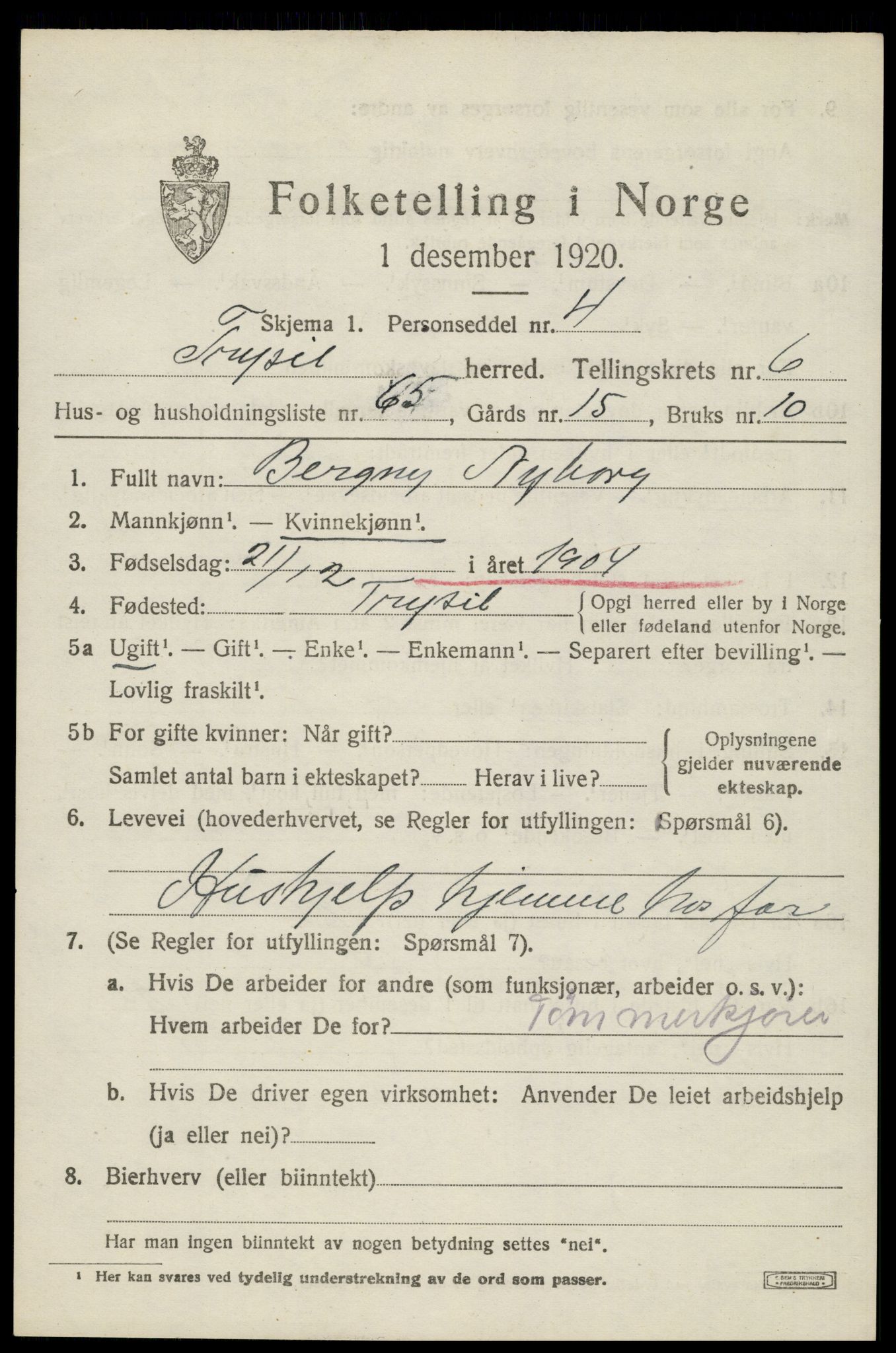 SAH, 1920 census for Trysil, 1920, p. 5221