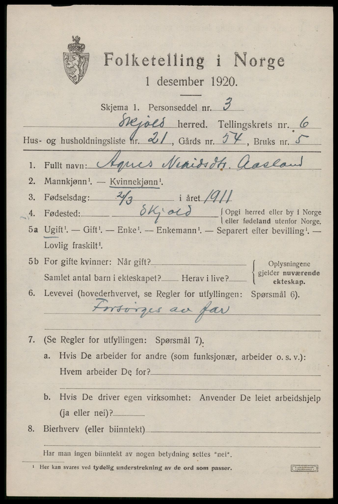 SAST, 1920 census for Skjold, 1920, p. 3352