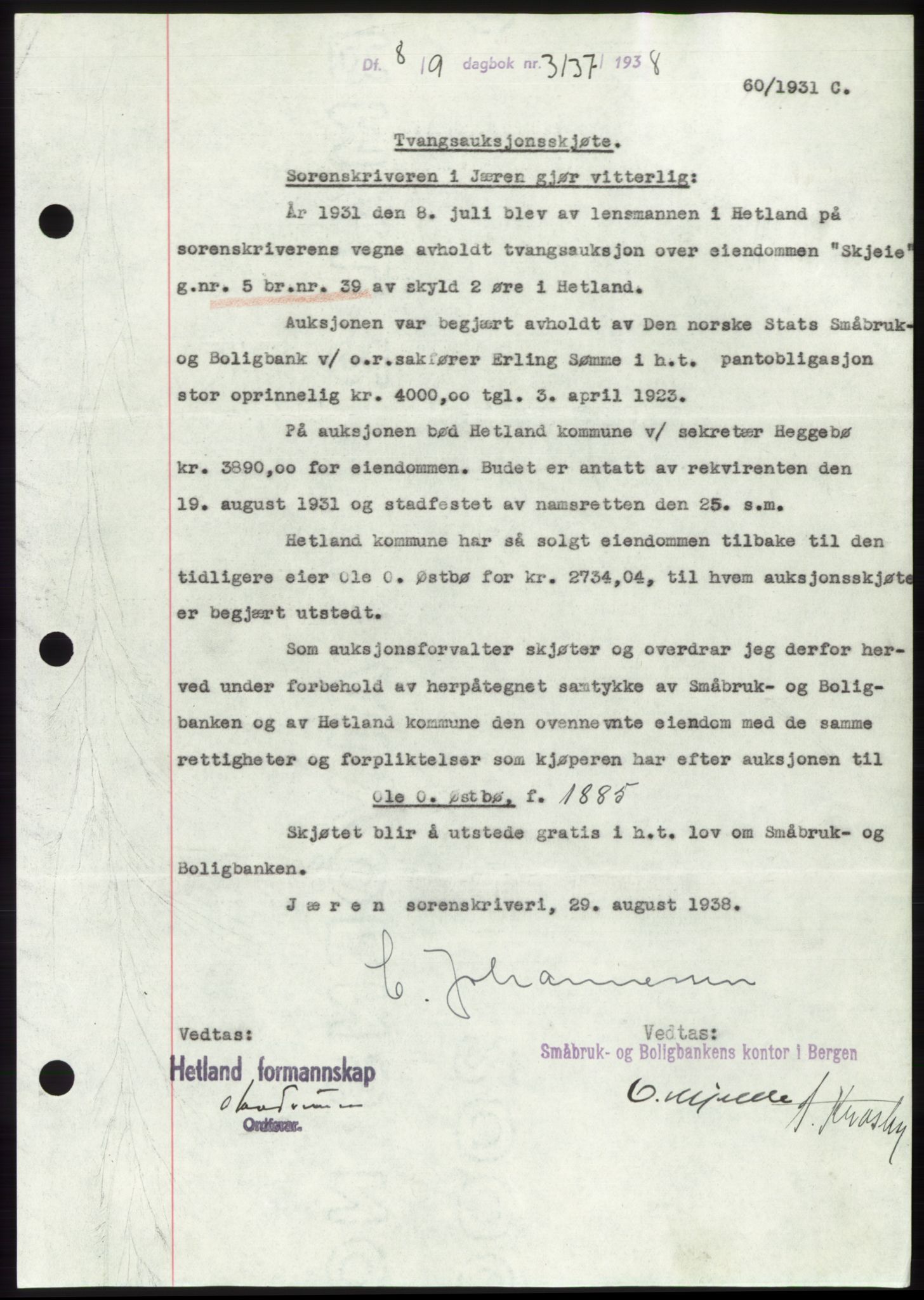 Jæren sorenskriveri, SAST/A-100310/03/G/Gba/L0072: Mortgage book, 1938-1938, Diary no: : 3137/1938
