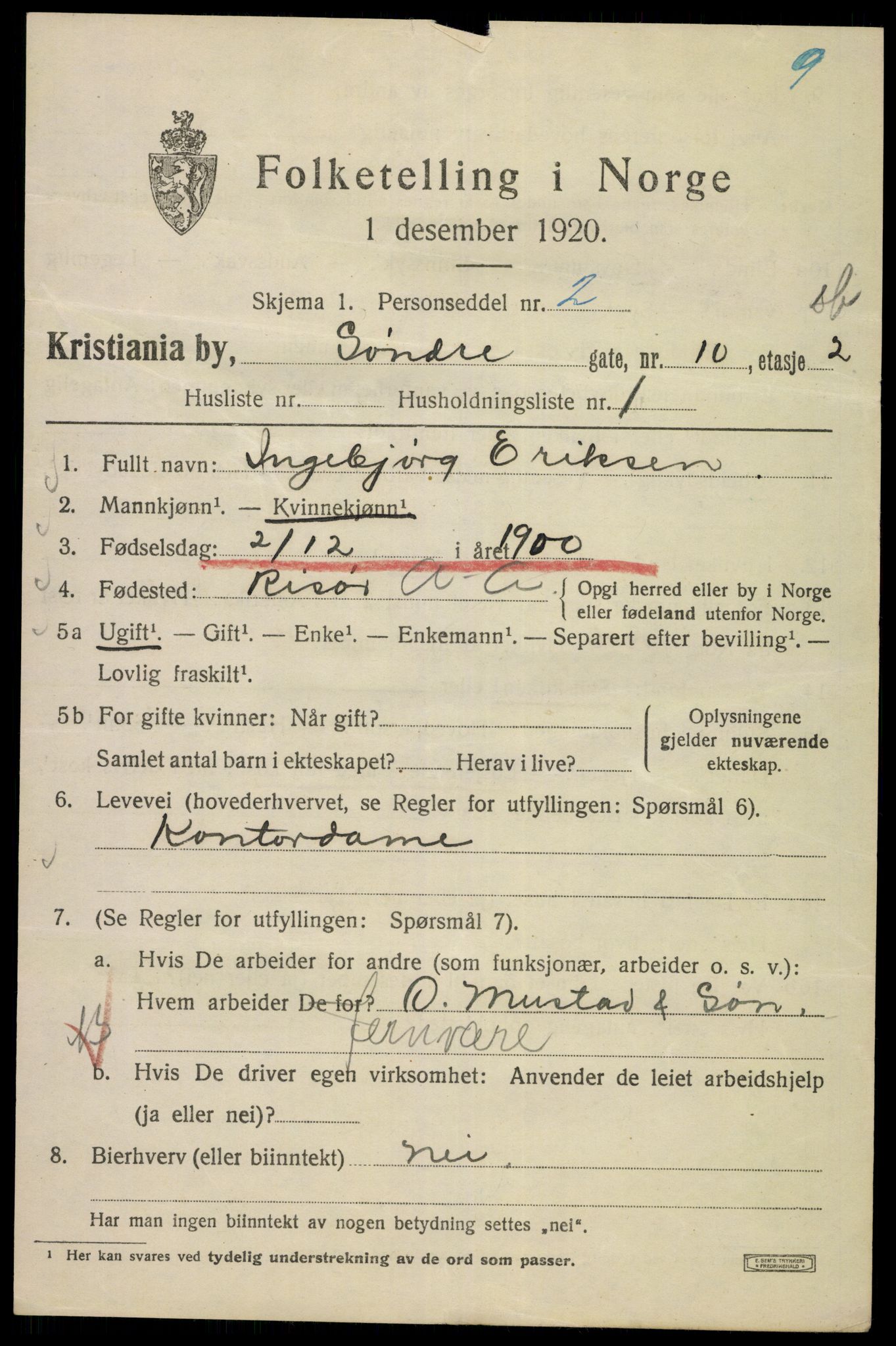 SAO, 1920 census for Kristiania, 1920, p. 562063