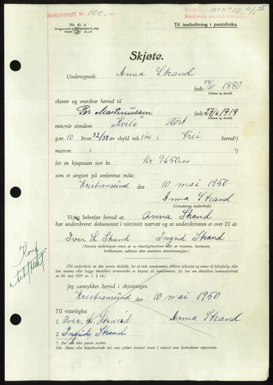 Nordmøre sorenskriveri, AV/SAT-A-4132/1/2/2Ca: Mortgage book no. A115, 1950-1950, Diary no: : 1442/1950