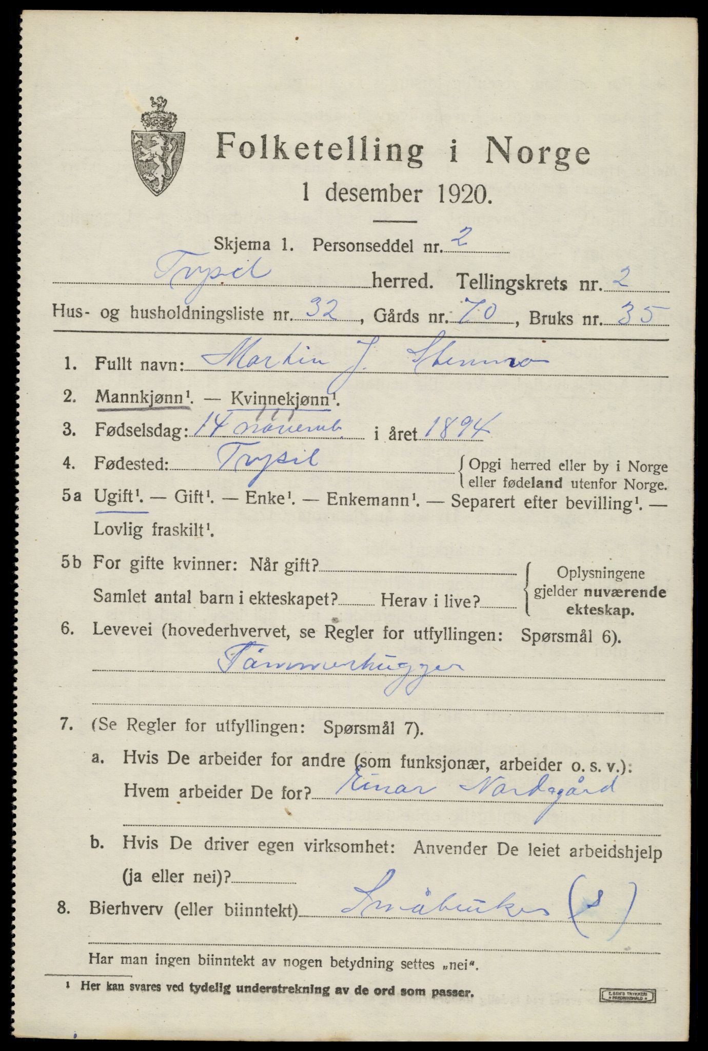 SAH, 1920 census for Trysil, 1920, p. 3471