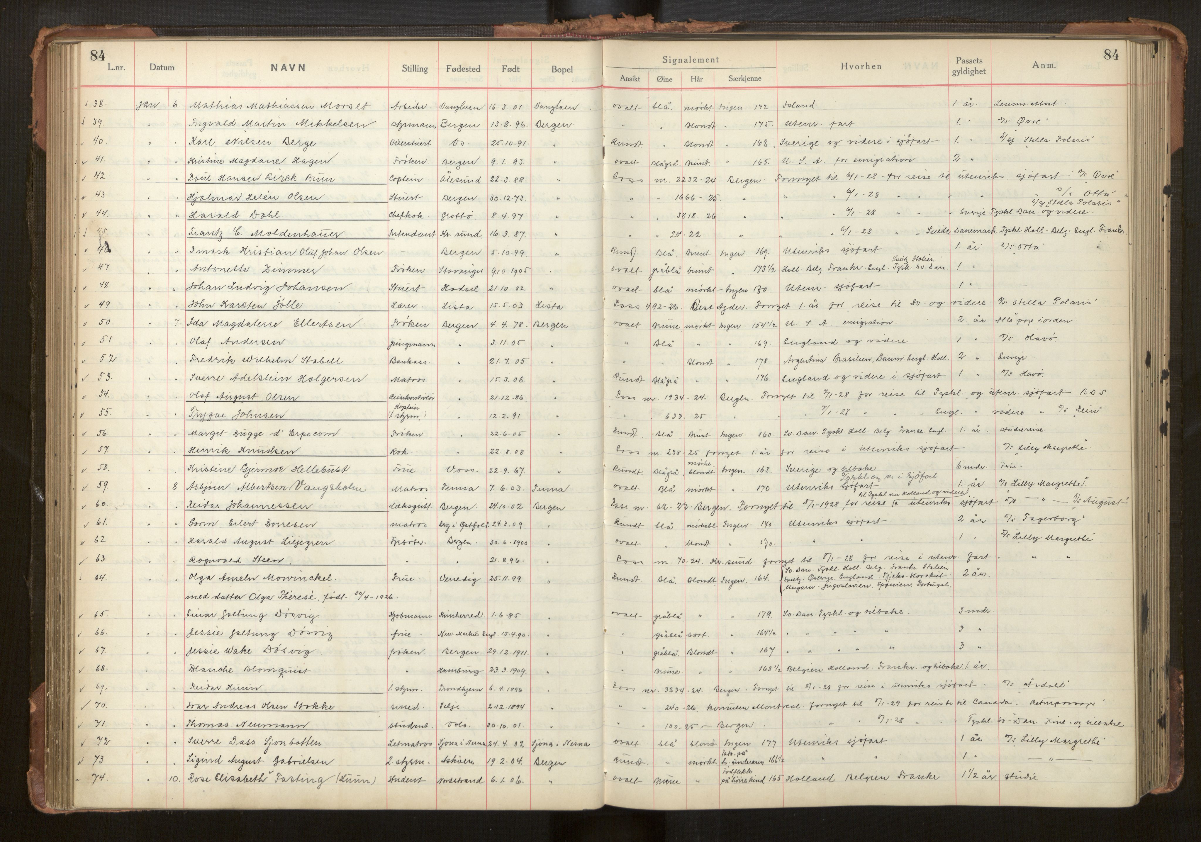 Bergen politikammer / politidistrikt, AV/SAB-A-60401/L/La/Lab/L0011: Passprotokoll, 1926-1928