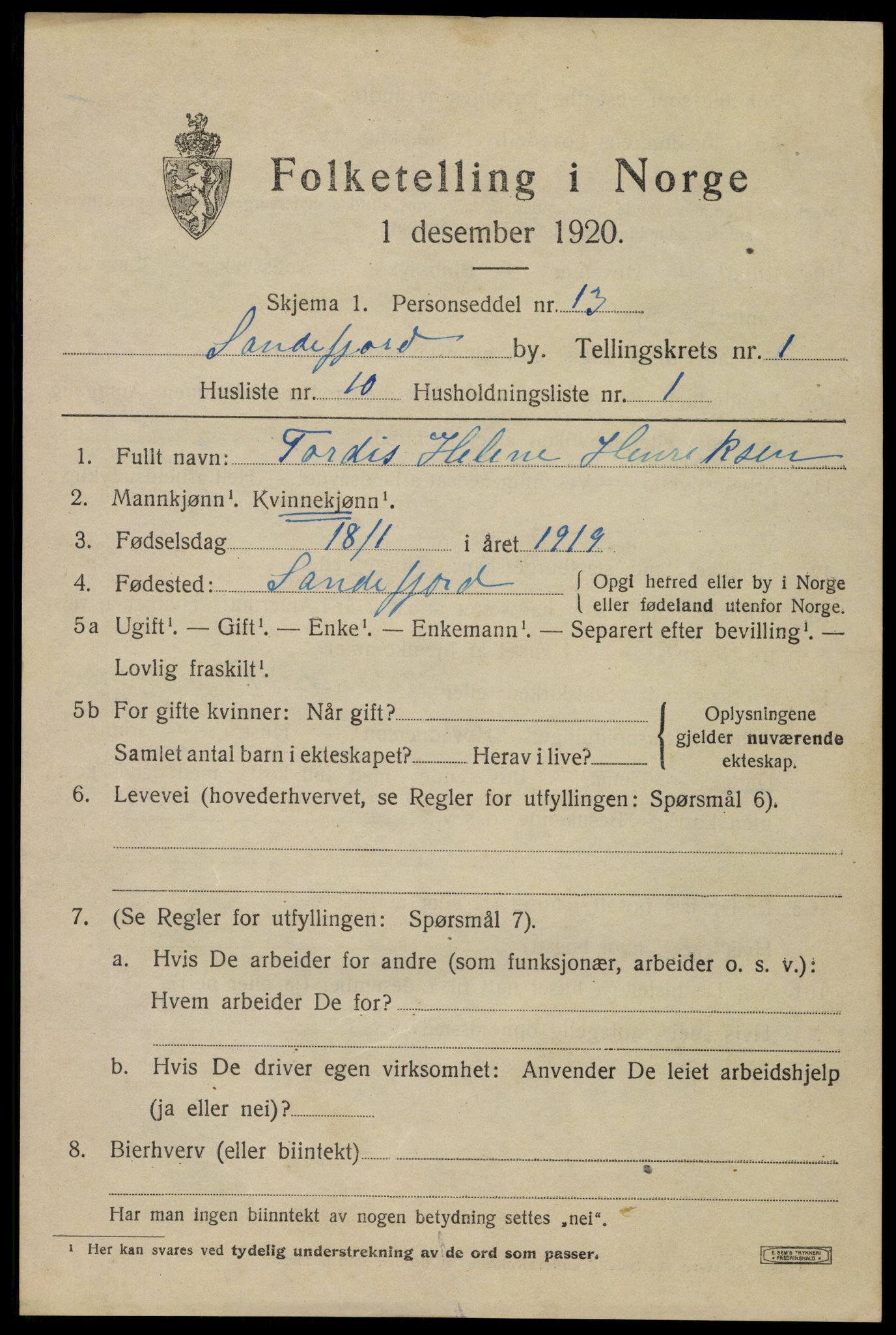 SAKO, 1920 census for Sandefjord, 1920, p. 4306