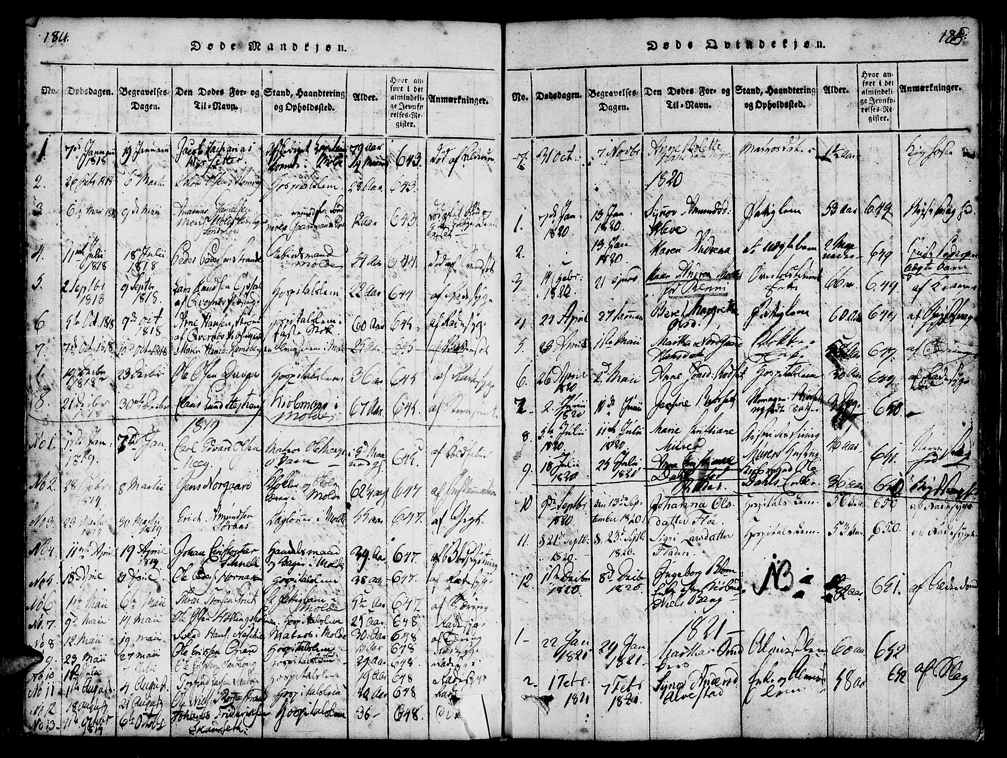 Ministerialprotokoller, klokkerbøker og fødselsregistre - Møre og Romsdal, SAT/A-1454/558/L0688: Parish register (official) no. 558A02, 1818-1843, p. 184-185