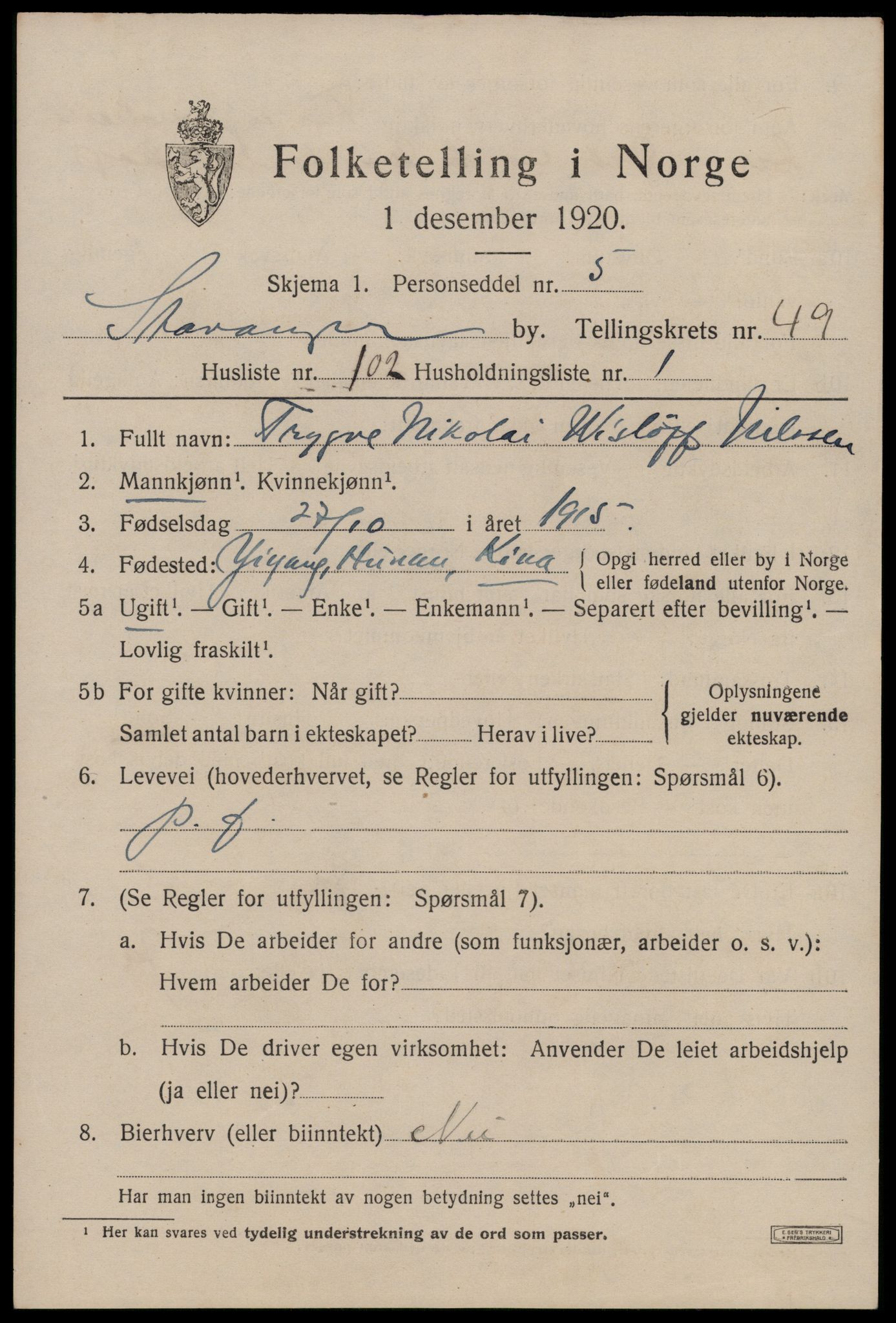 SAST, 1920 census for Stavanger, 1920, p. 119872