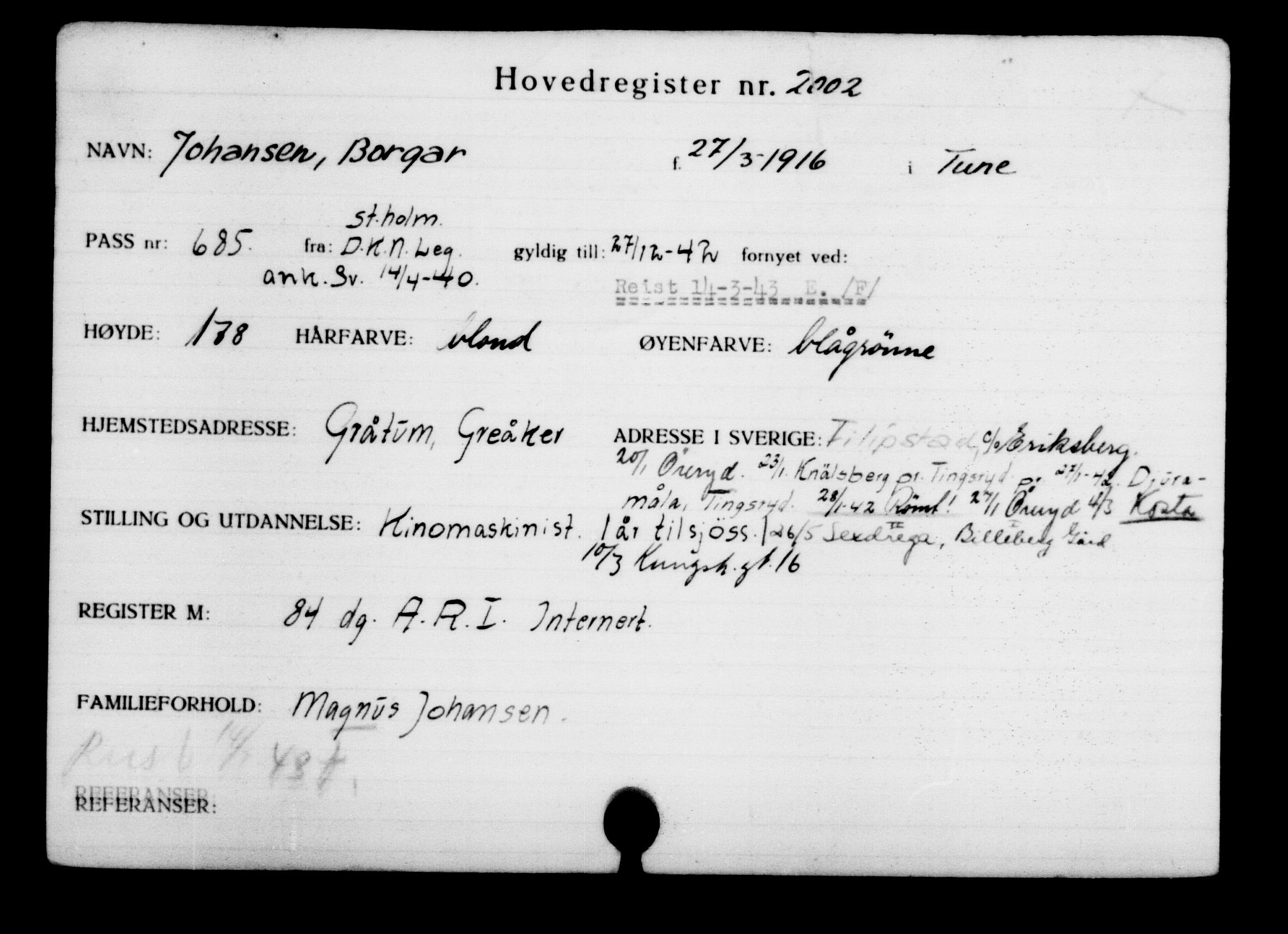 Utenriksstasjonene, Legasjonen i Stockholm, Flyktningkontoret, AV/RA-S-6753/V/Va/L0003: Kjesäterkartoteket, flyktninger med registreringsnr. 2001-3495, 1940-1945, p. 3