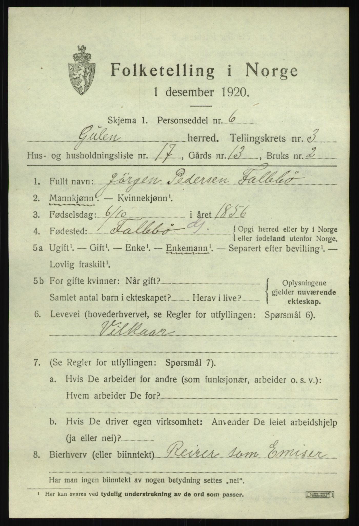 SAB, 1920 census for Gulen, 1920, p. 1709