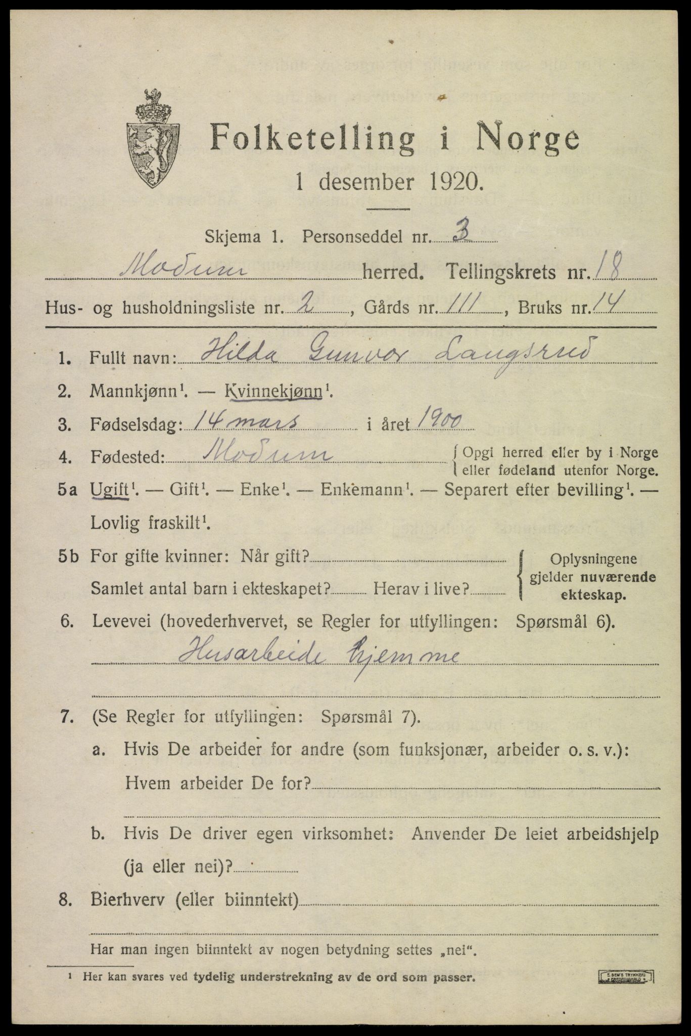 SAKO, 1920 census for Modum, 1920, p. 21015