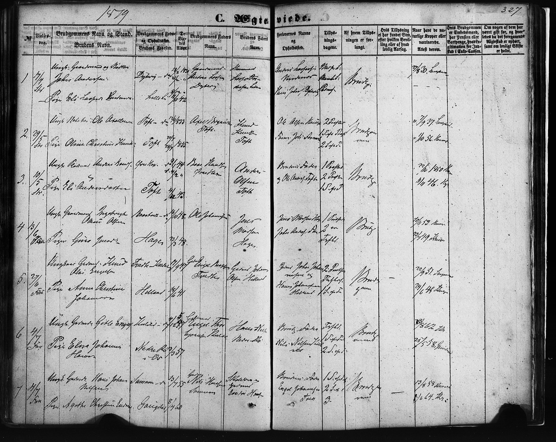 Fusa sokneprestembete, SAB/A-75401/H/Haa: Parish register (official) no. A 1I, 1855-1879, p. 327