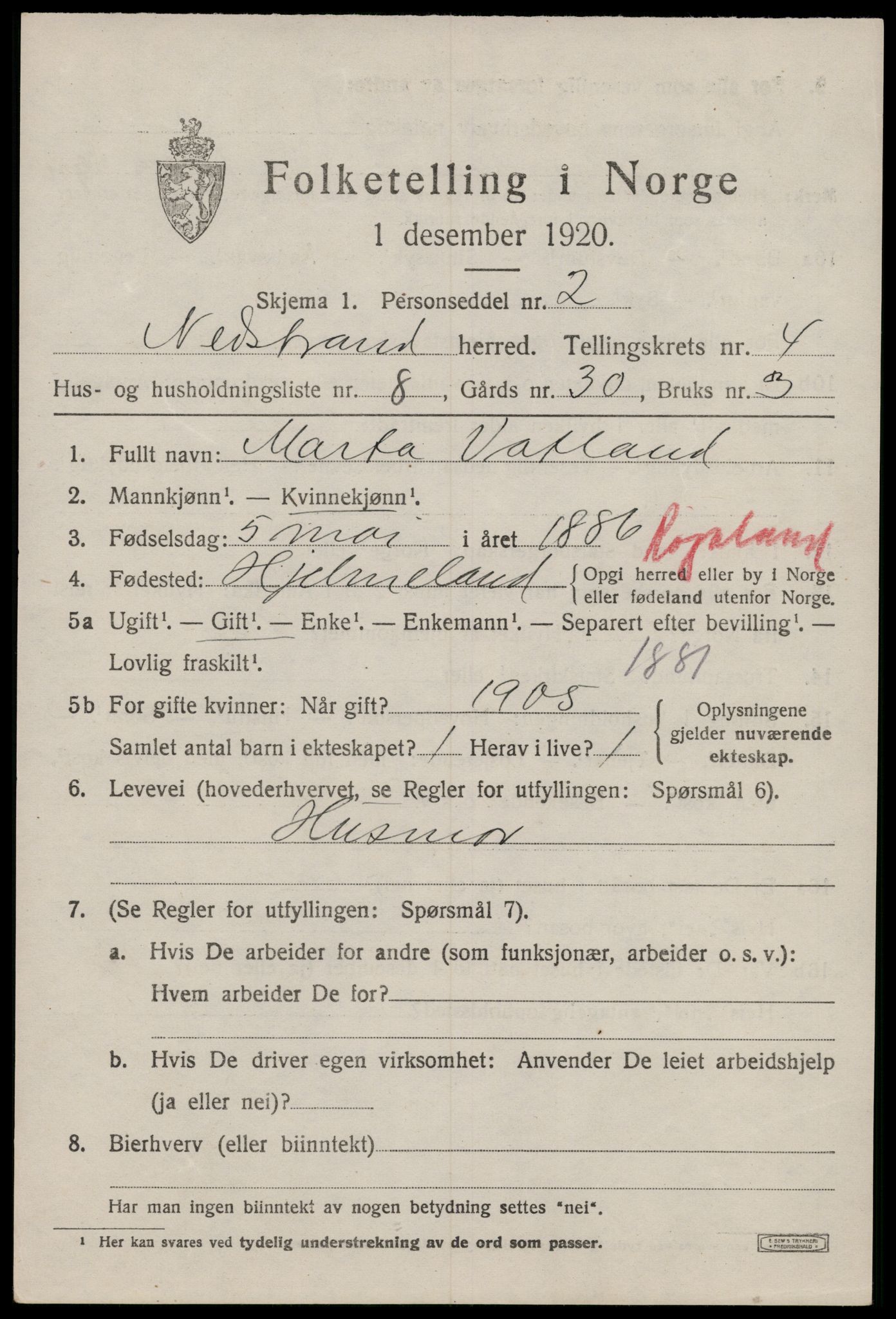SAST, 1920 census for Nedstrand, 1920, p. 2013