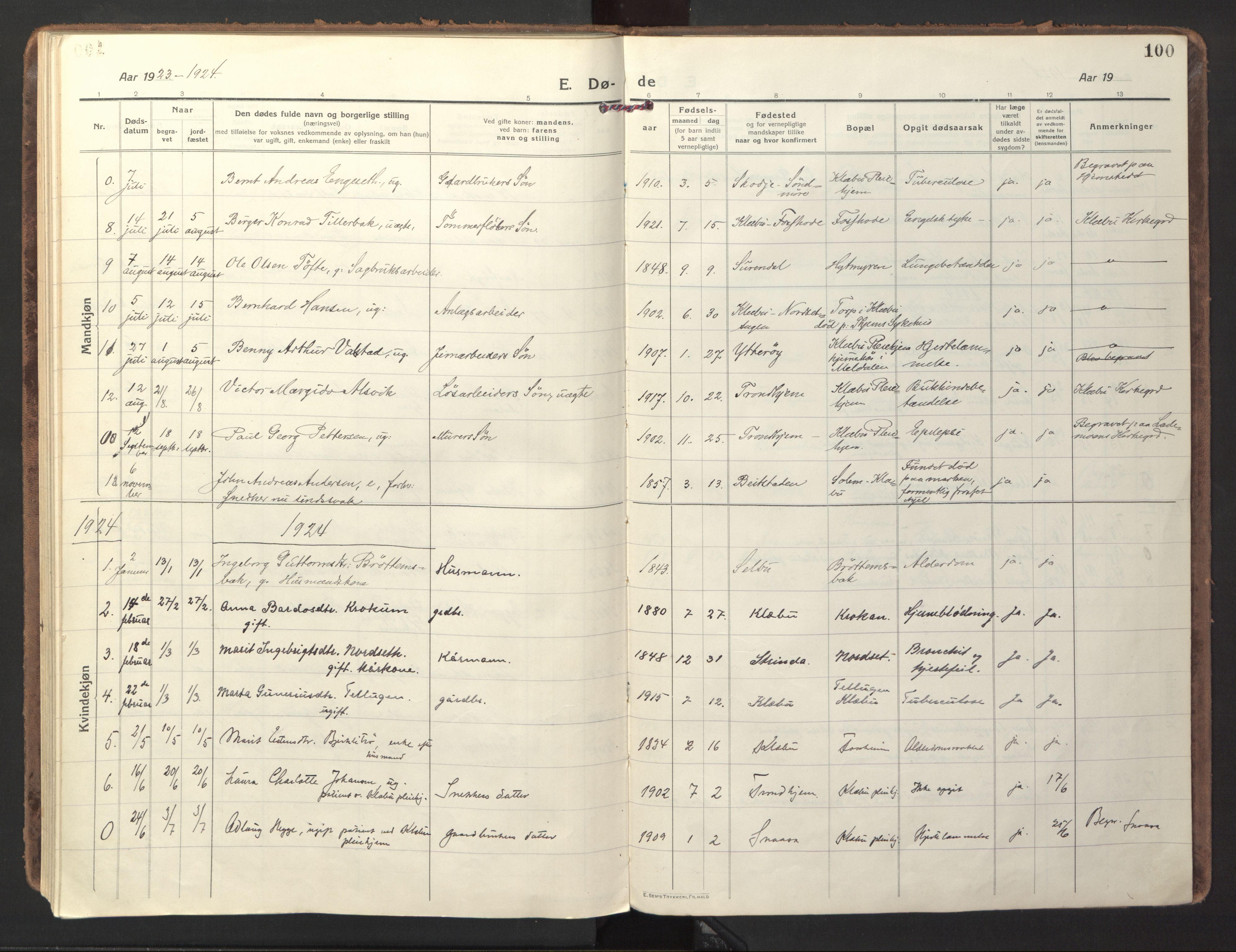 Ministerialprotokoller, klokkerbøker og fødselsregistre - Sør-Trøndelag, SAT/A-1456/618/L0449: Parish register (official) no. 618A12, 1917-1924, p. 100