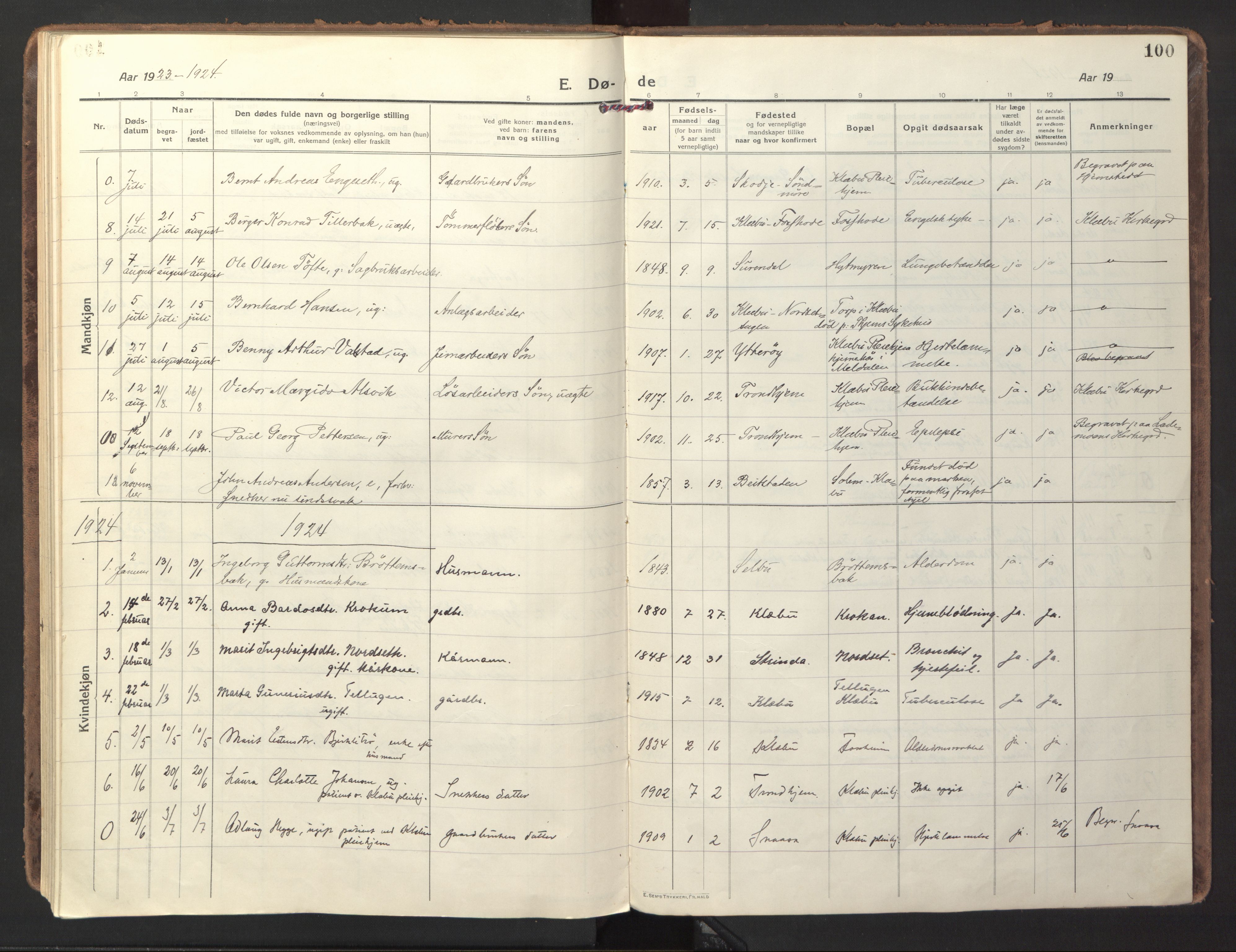 Ministerialprotokoller, klokkerbøker og fødselsregistre - Sør-Trøndelag, AV/SAT-A-1456/618/L0449: Parish register (official) no. 618A12, 1917-1924, p. 100