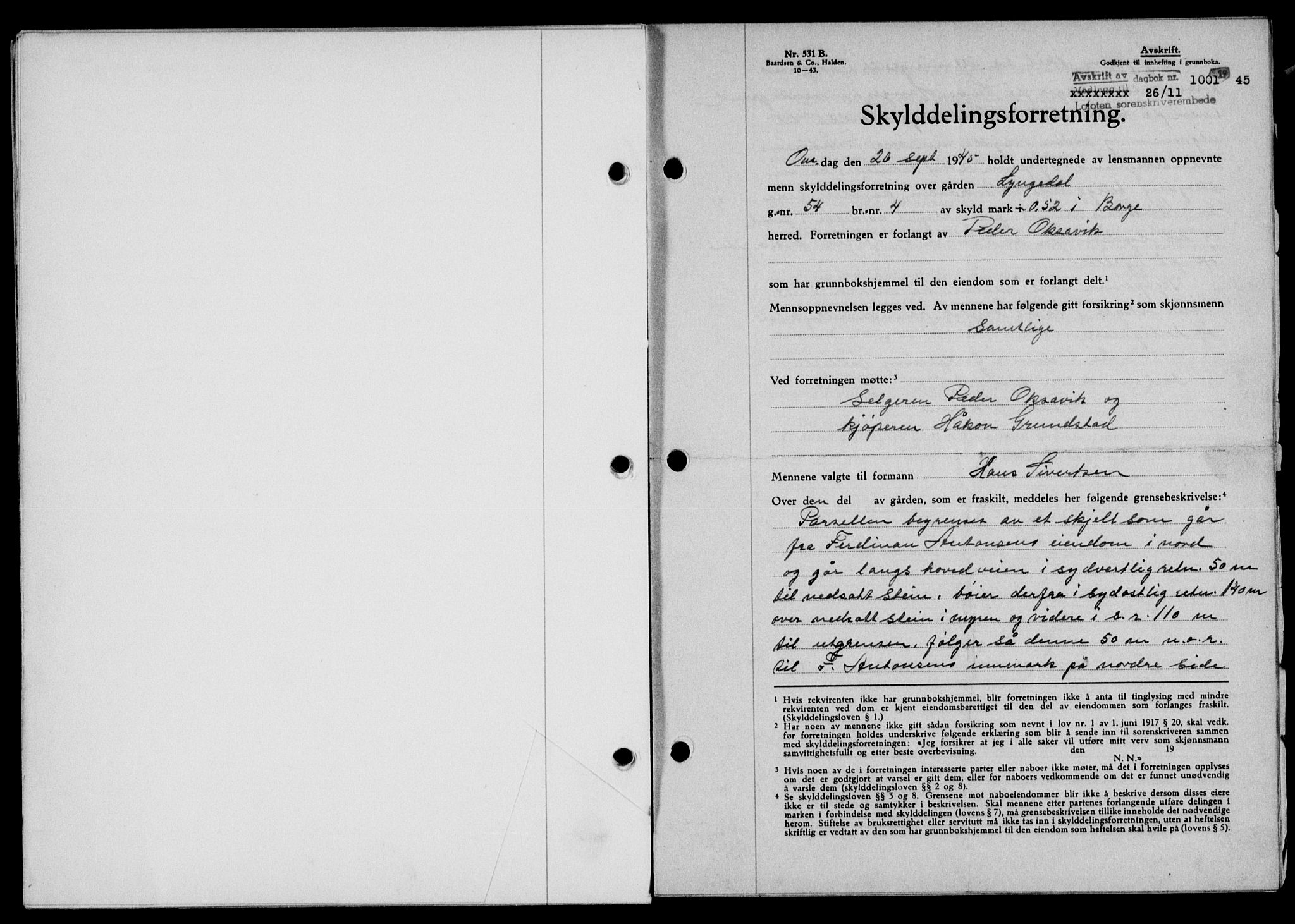 Lofoten sorenskriveri, SAT/A-0017/1/2/2C/L0013a: Mortgage book no. 13a, 1944-1946, Diary no: : 1001/1945