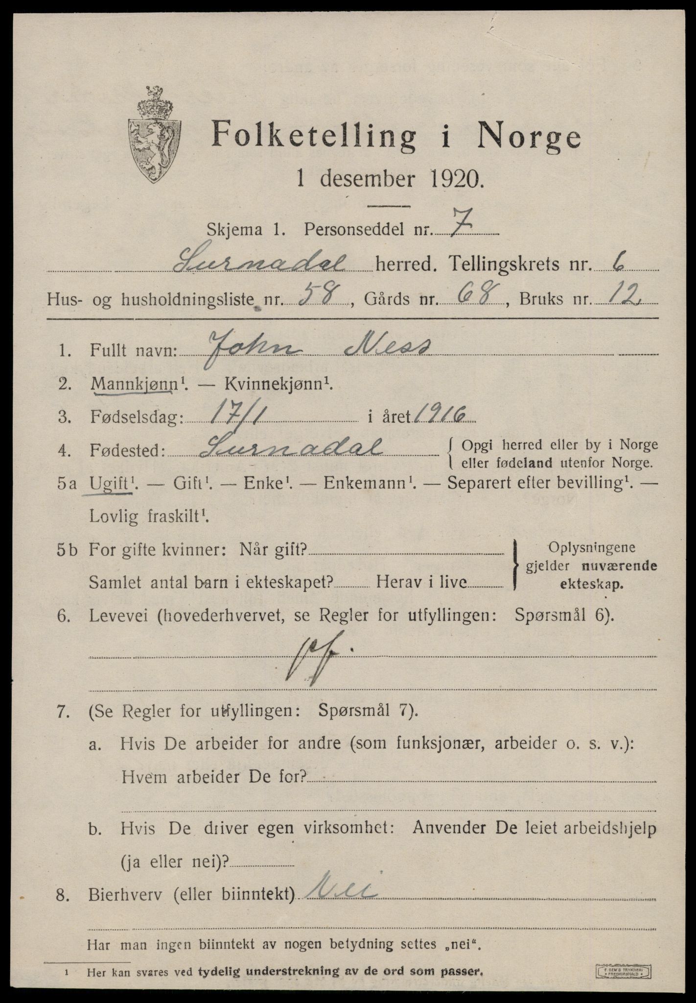 SAT, 1920 census for Surnadal, 1920, p. 4943