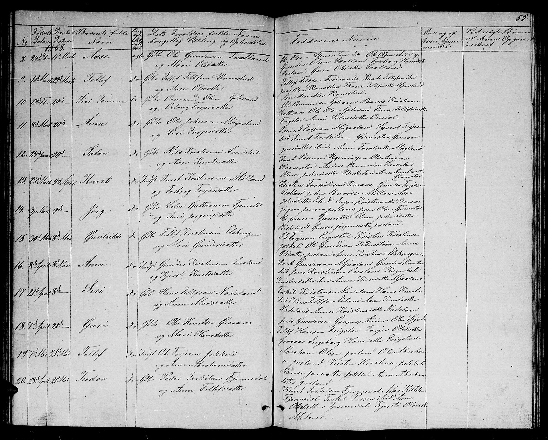 Evje sokneprestkontor, AV/SAK-1111-0008/F/Fb/Fbc/L0002: Parish register (copy) no. B 2, 1849-1876, p. 55