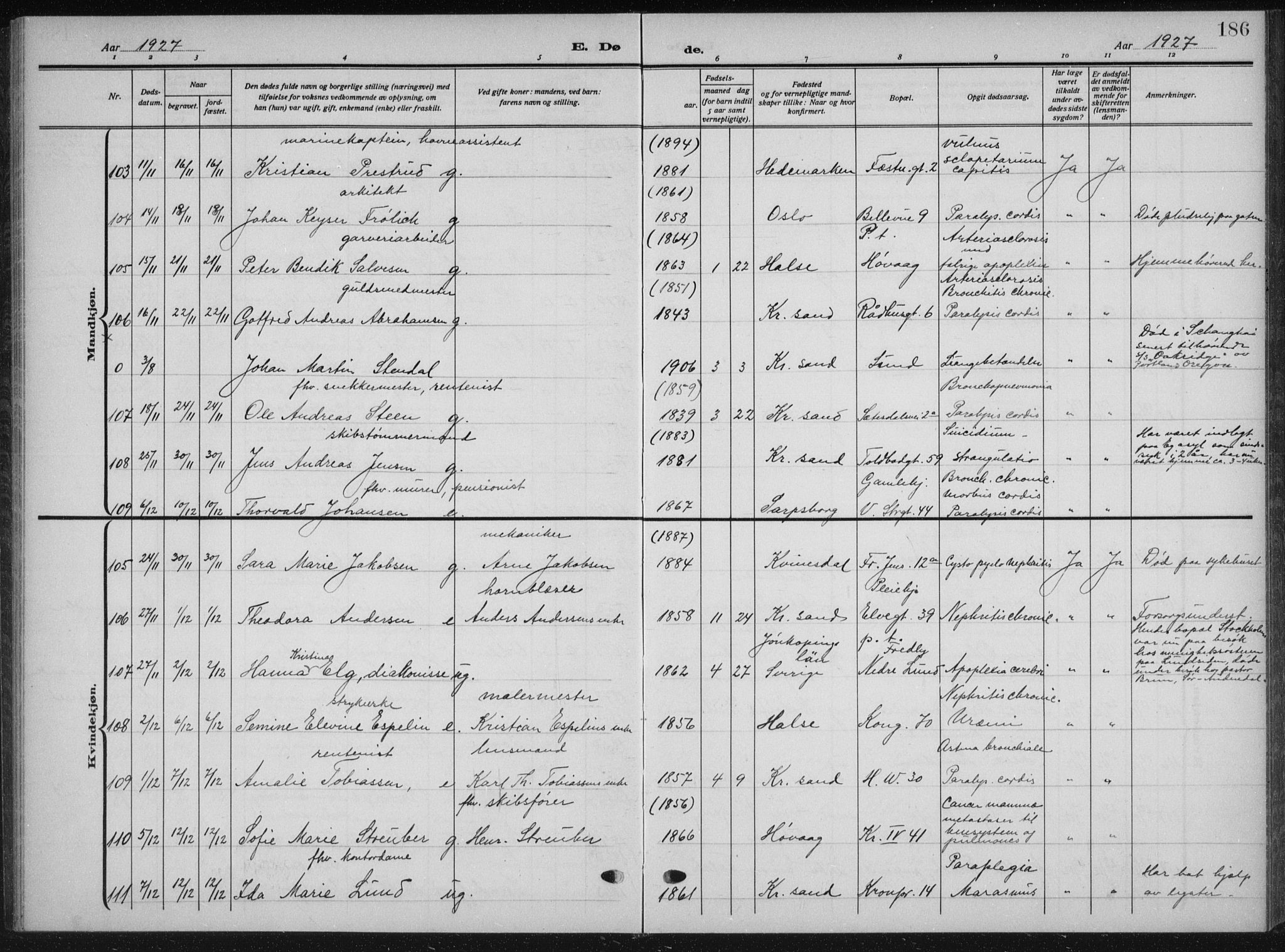 Kristiansand domprosti, SAK/1112-0006/F/Fb/L0025: Parish register (copy) no. B 25, 1924-1934, p. 186