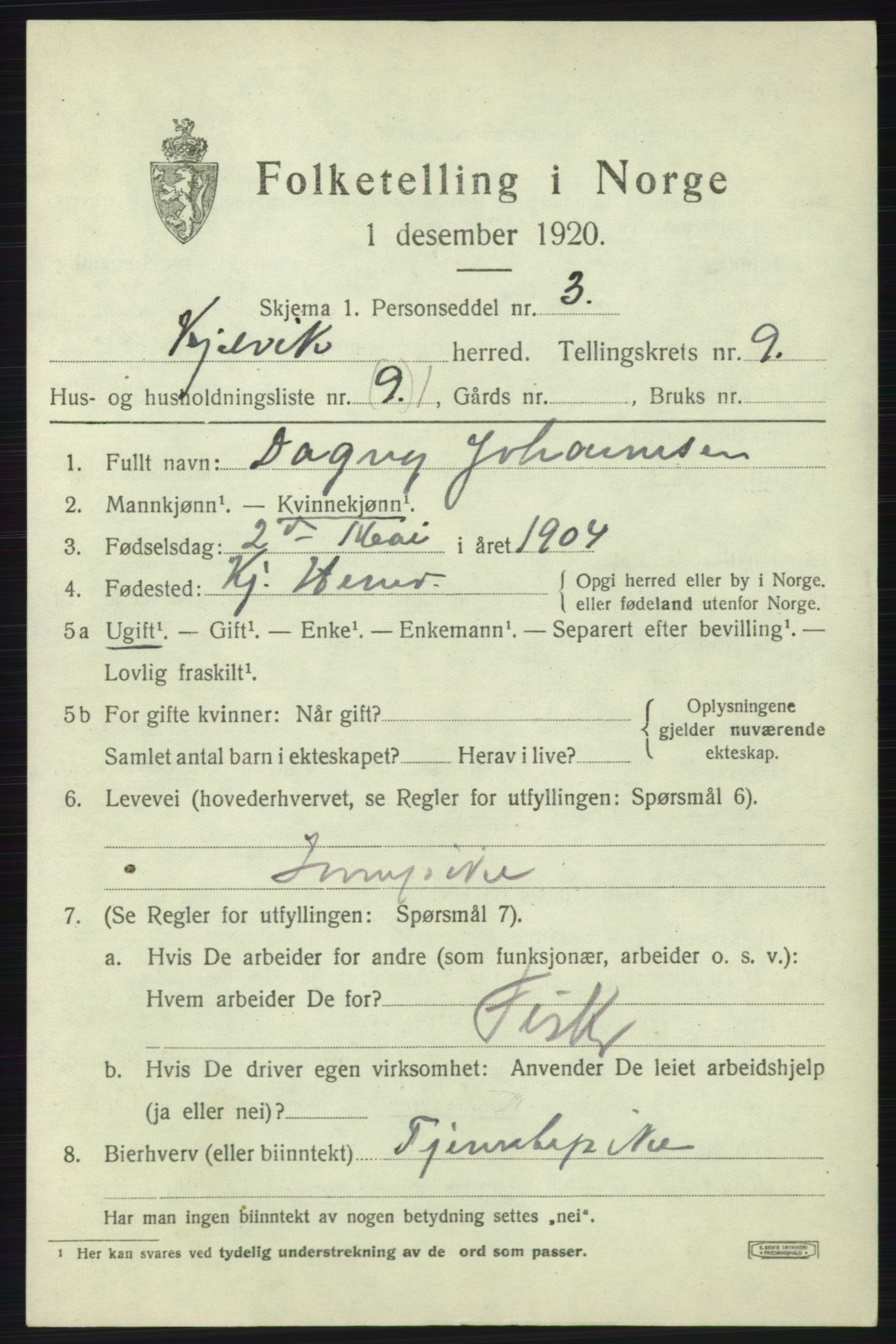 SATØ, 1920 census for Kjelvik, 1920, p. 7027