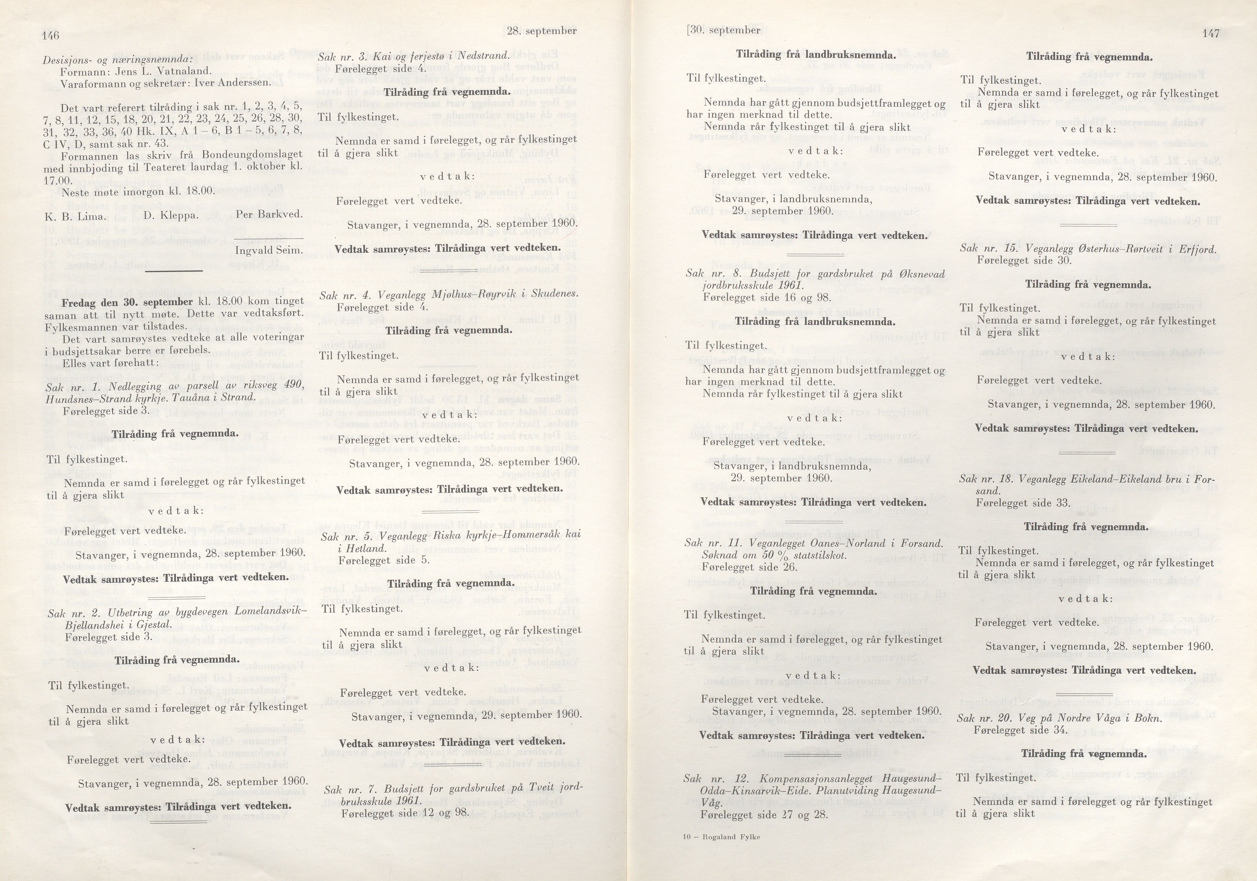 Rogaland fylkeskommune - Fylkesrådmannen , IKAR/A-900/A/Aa/Aaa/L0080: Møtebok , 1960, p. 146-147