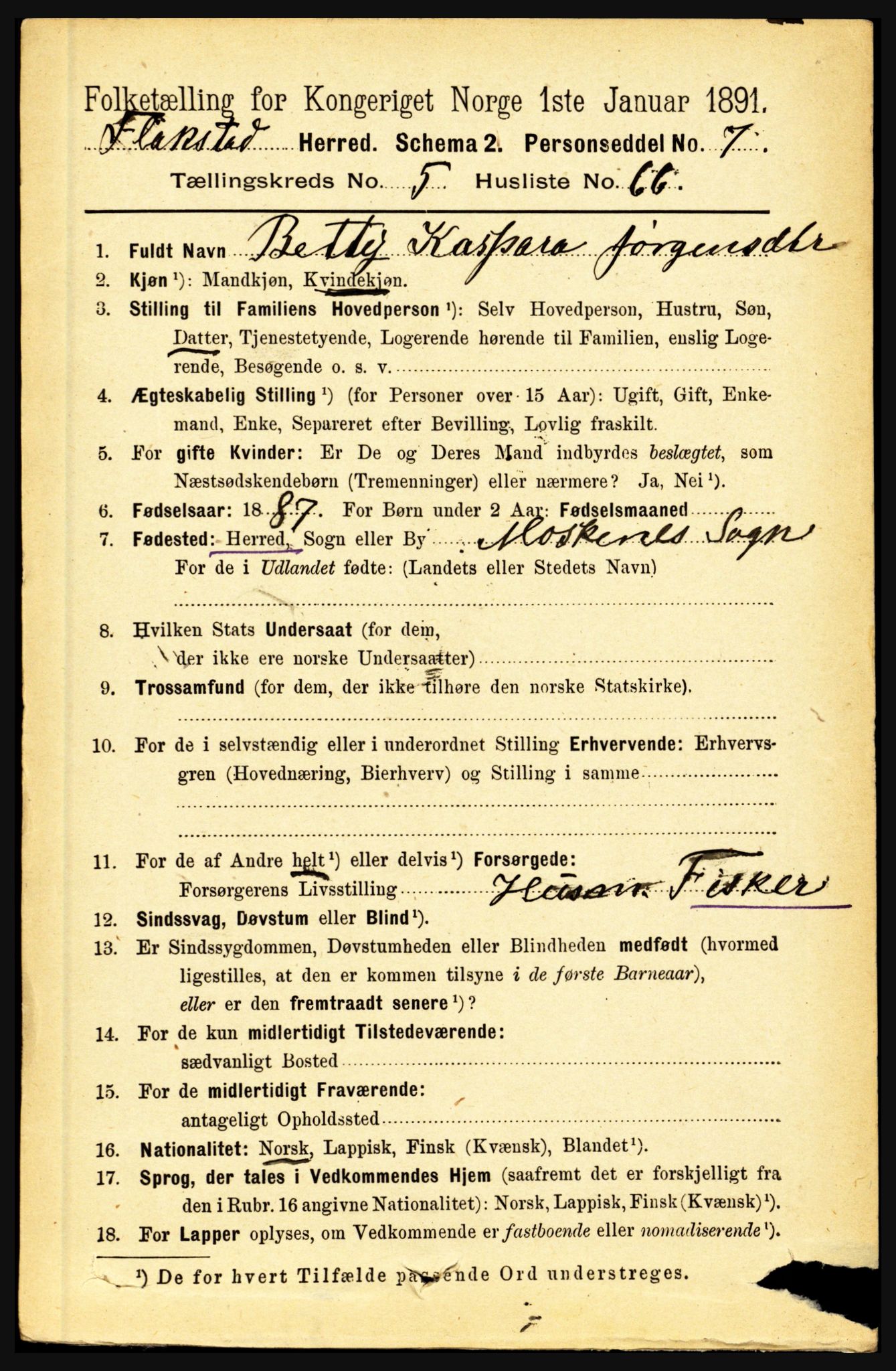 RA, 1891 census for 1859 Flakstad, 1891, p. 2925