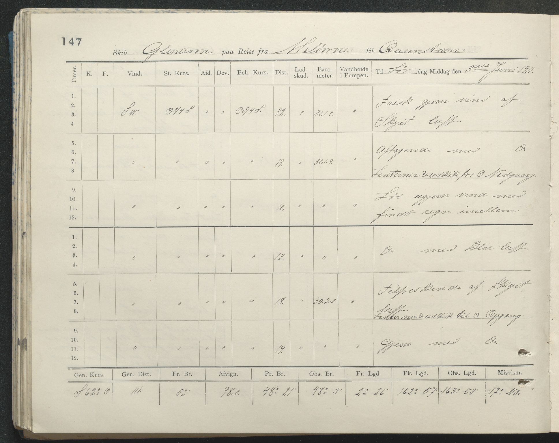 , PA-1348 Mathiesen, Erik Martinius; logbok Glendoon 1910-1911, 1910-1911, p. 147