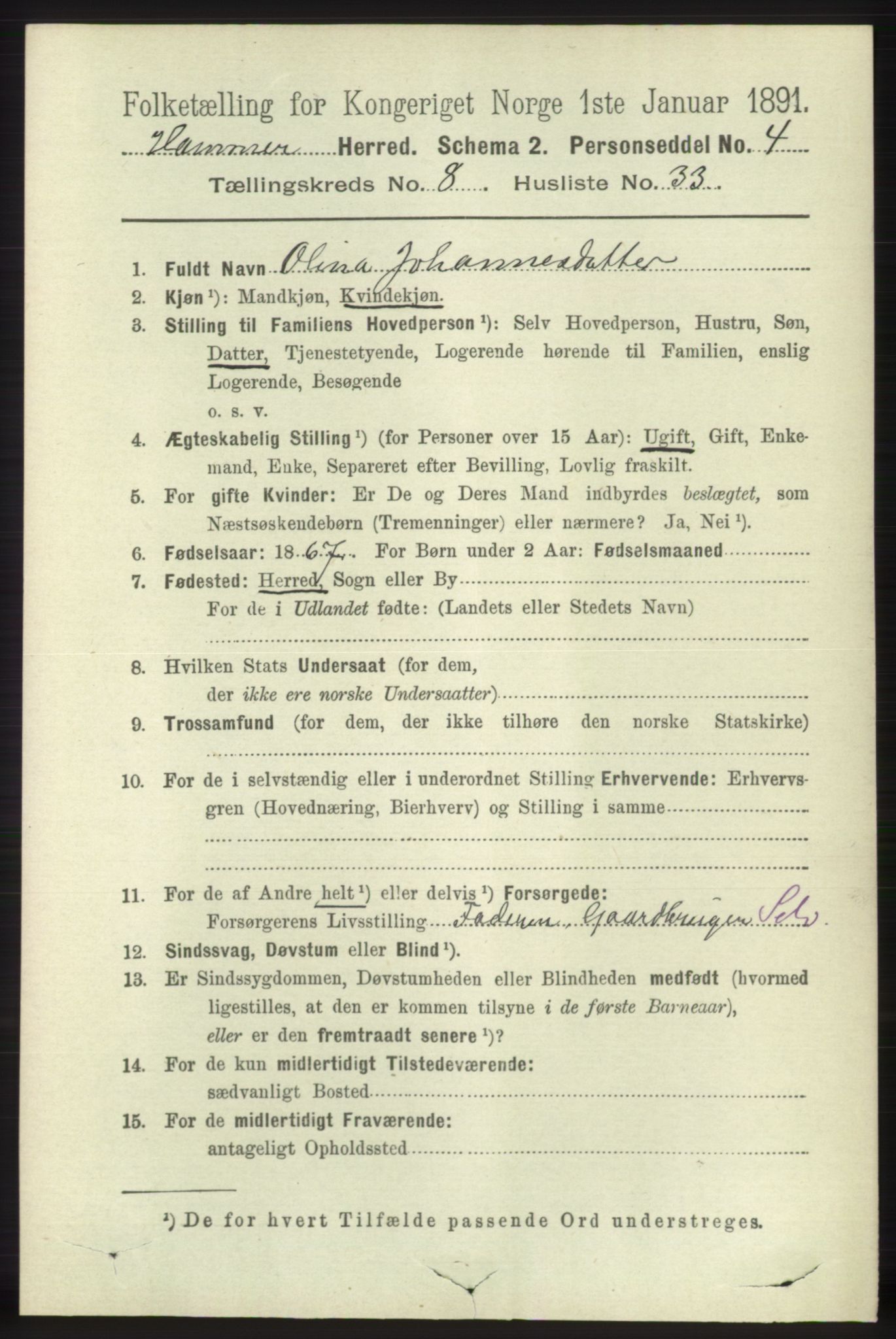 RA, 1891 census for 1254 Hamre, 1891, p. 2206