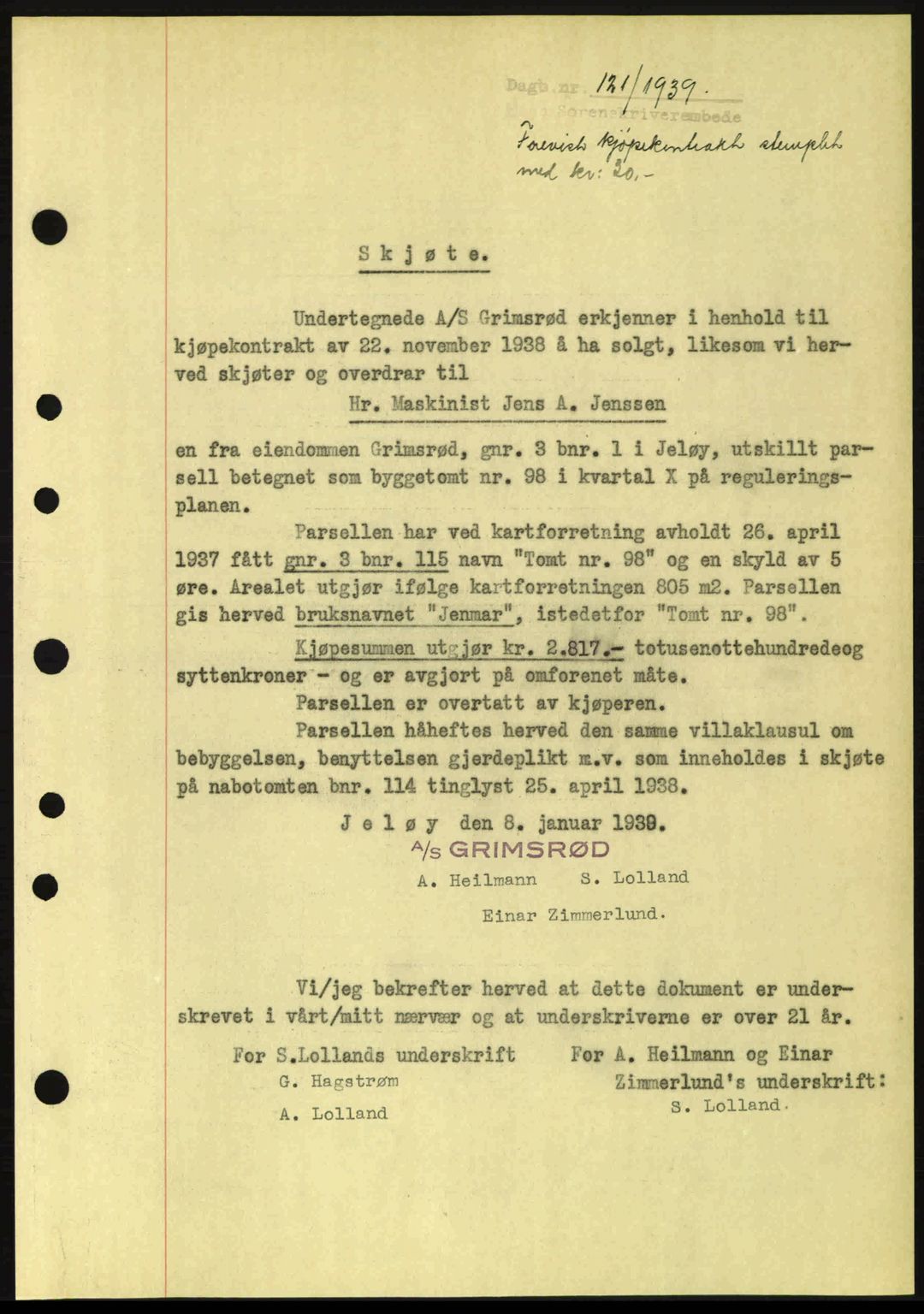 Moss sorenskriveri, SAO/A-10168: Mortgage book no. A5, 1938-1939, Diary no: : 121/1939