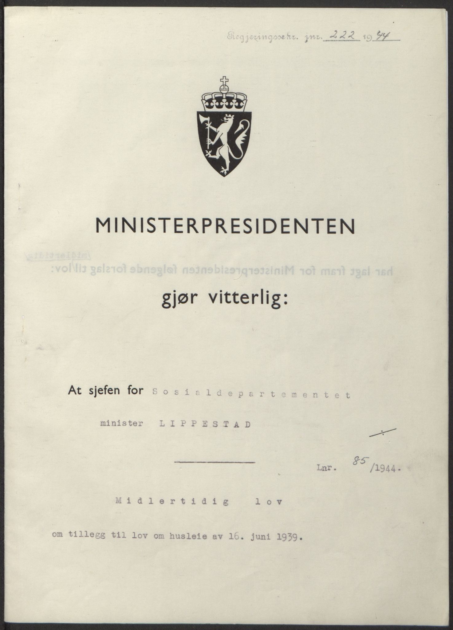 NS-administrasjonen 1940-1945 (Statsrådsekretariatet, de kommisariske statsråder mm), RA/S-4279/D/Db/L0100: Lover, 1944, p. 399