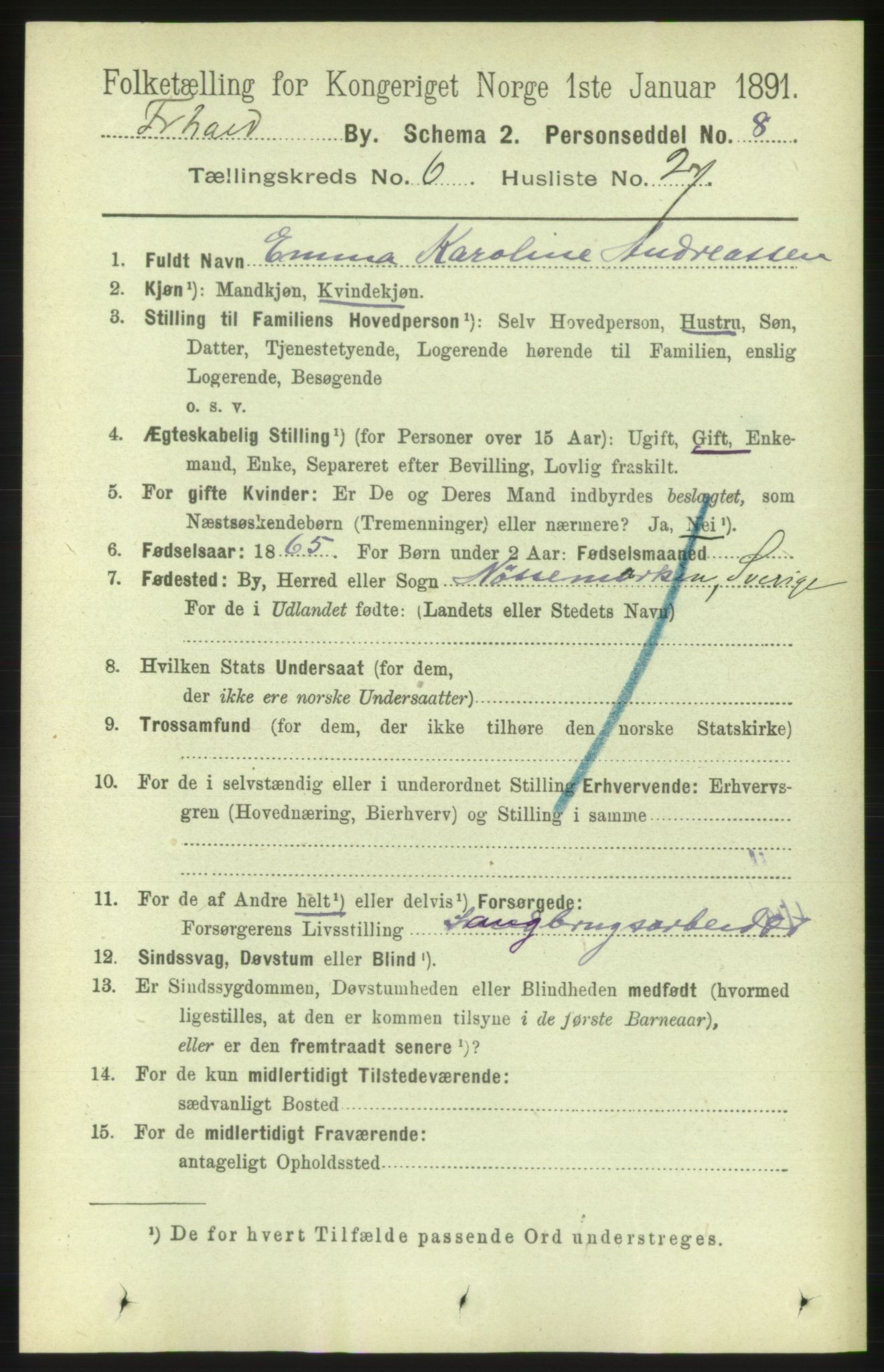 RA, 1891 census for 0101 Fredrikshald, 1891, p. 4952