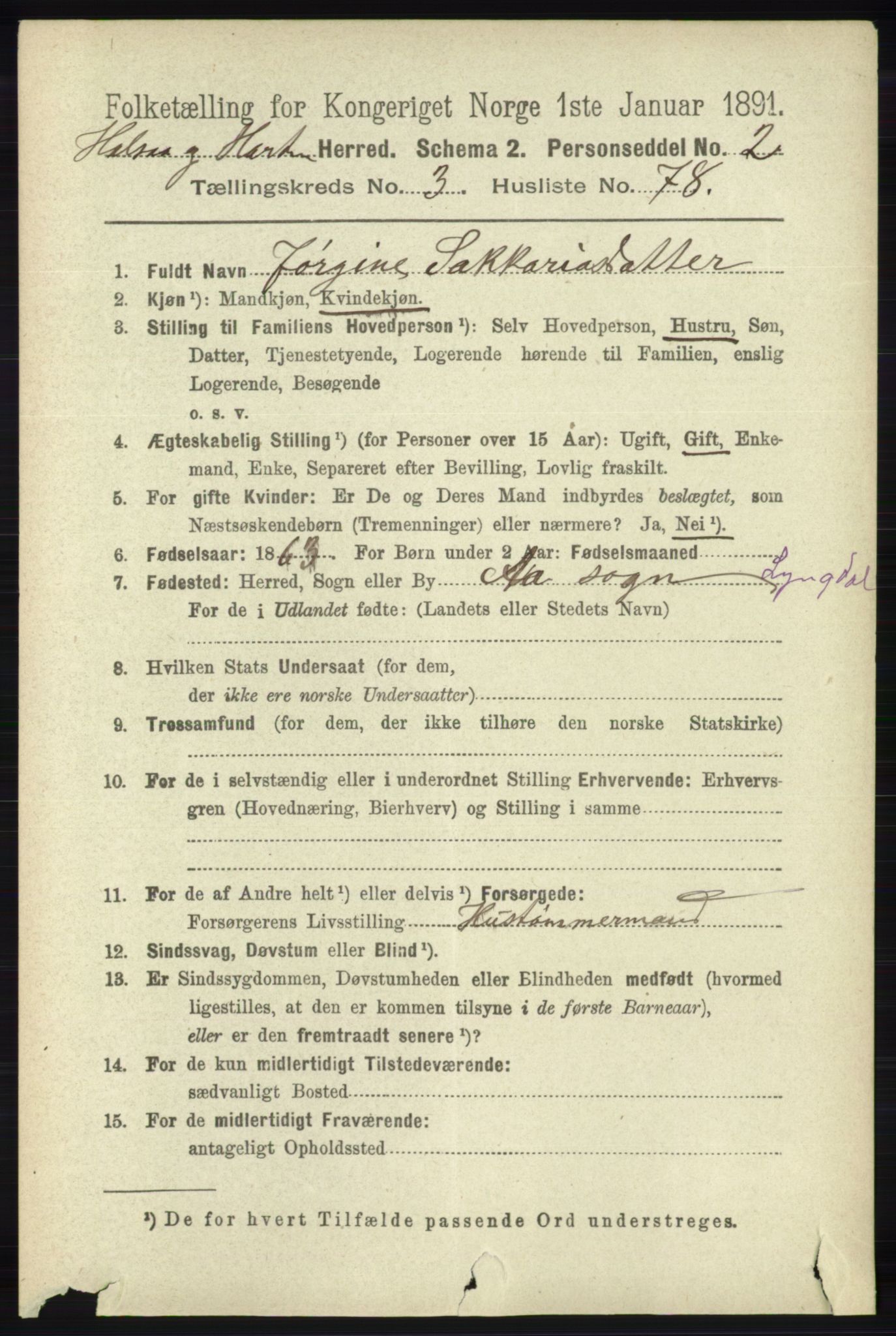 RA, 1891 census for 1019 Halse og Harkmark, 1891, p. 1395