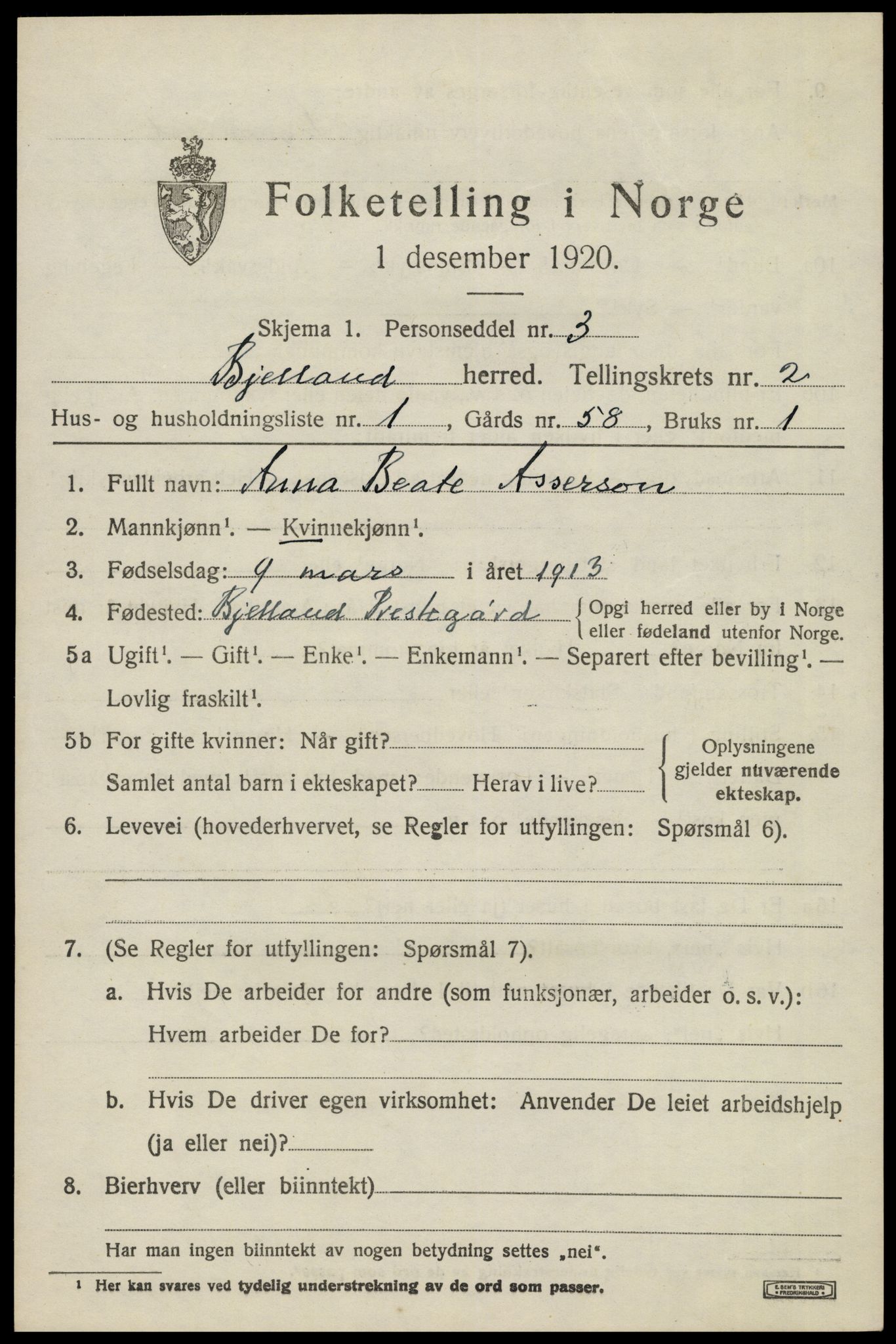 SAK, 1920 census for Bjelland, 1920, p. 707