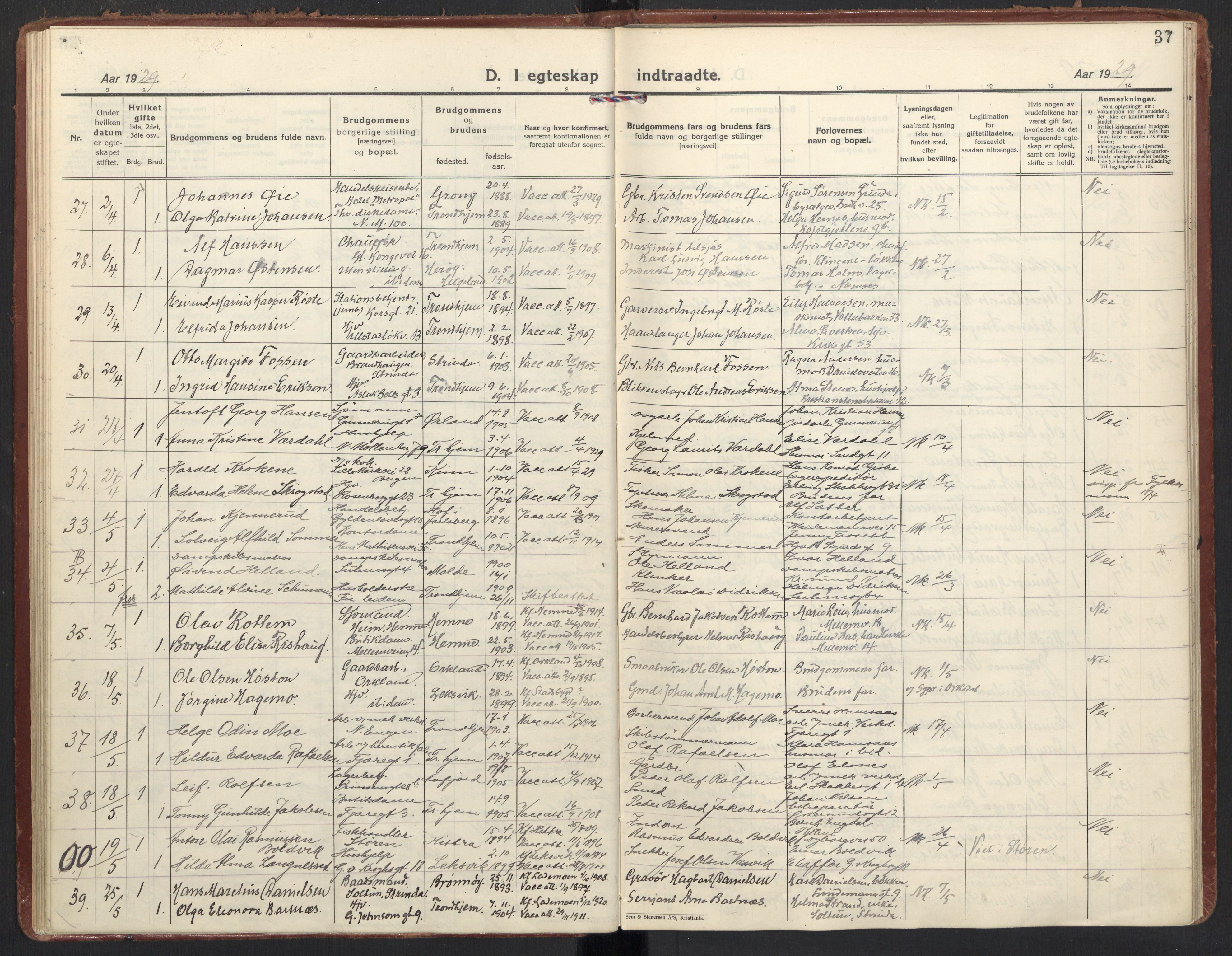 Ministerialprotokoller, klokkerbøker og fødselsregistre - Sør-Trøndelag, SAT/A-1456/605/L0249: Parish register (official) no. 605A11, 1925-1936, p. 37