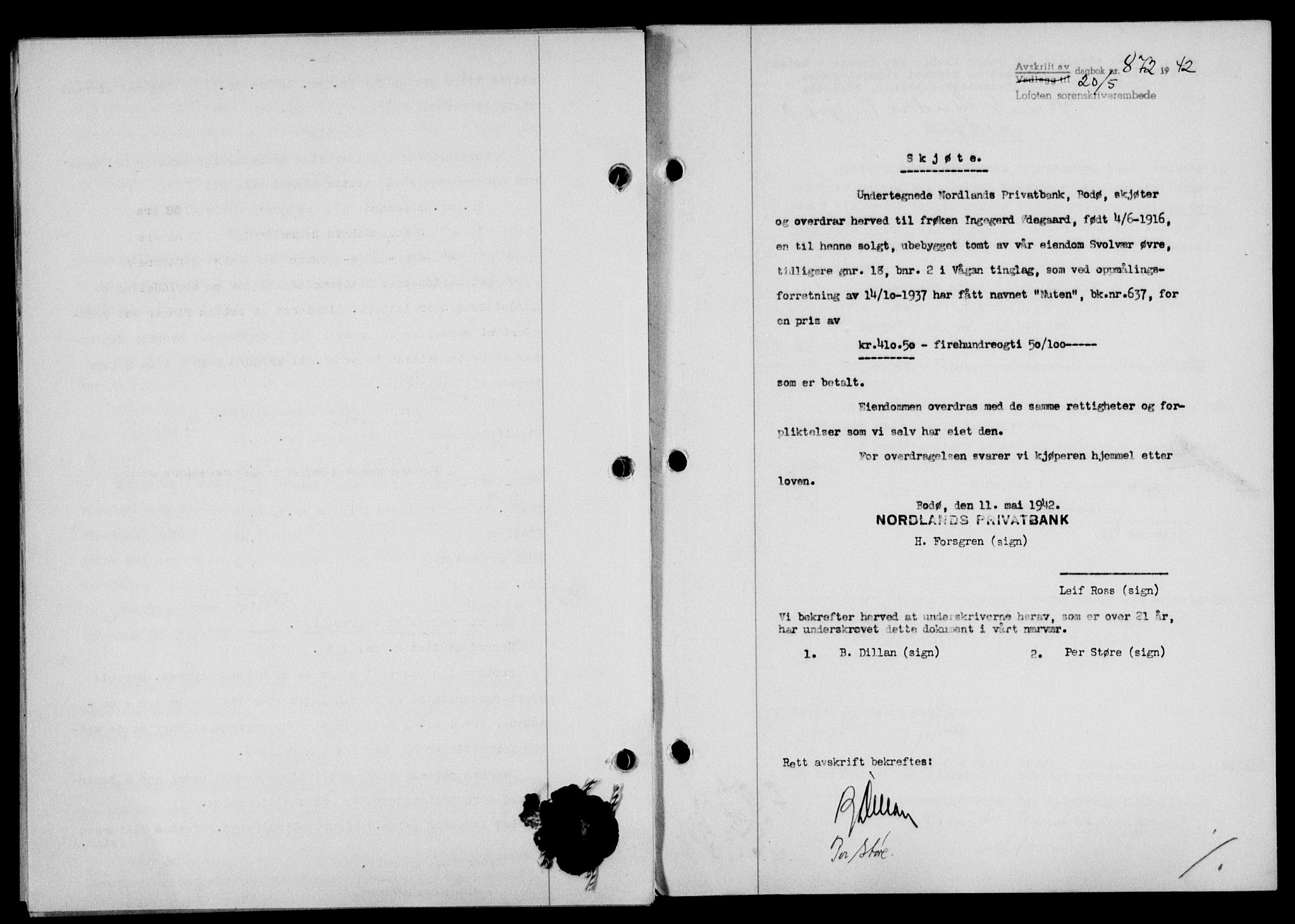 Lofoten sorenskriveri, SAT/A-0017/1/2/2C/L0009a: Mortgage book no. 9a, 1941-1942, Diary no: : 872/1942