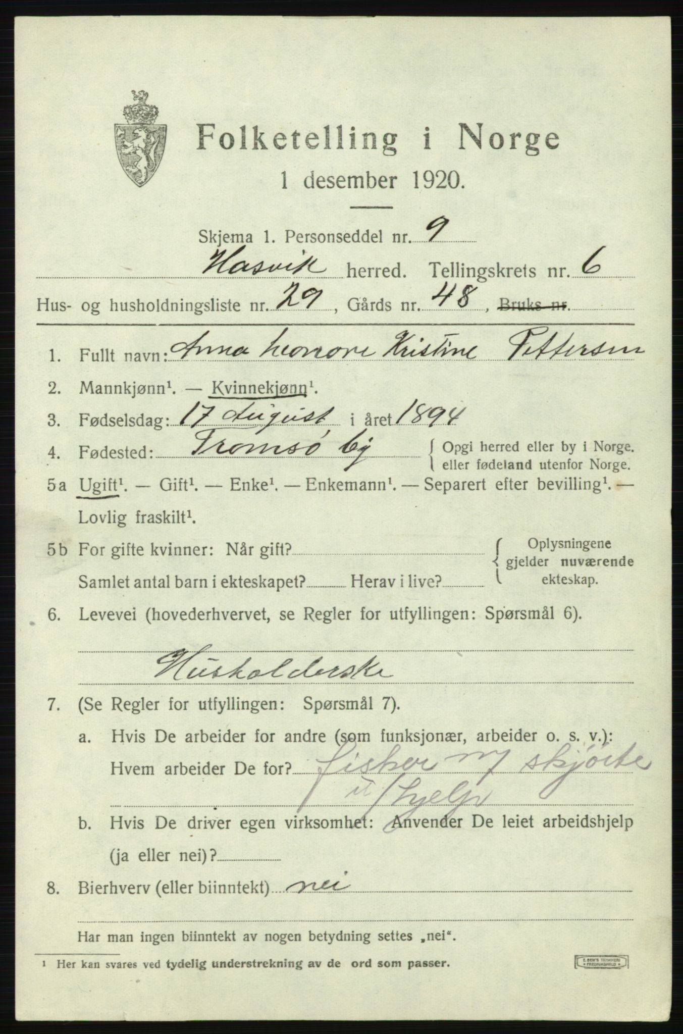 SATØ, 1920 census for Hasvik, 1920, p. 2885