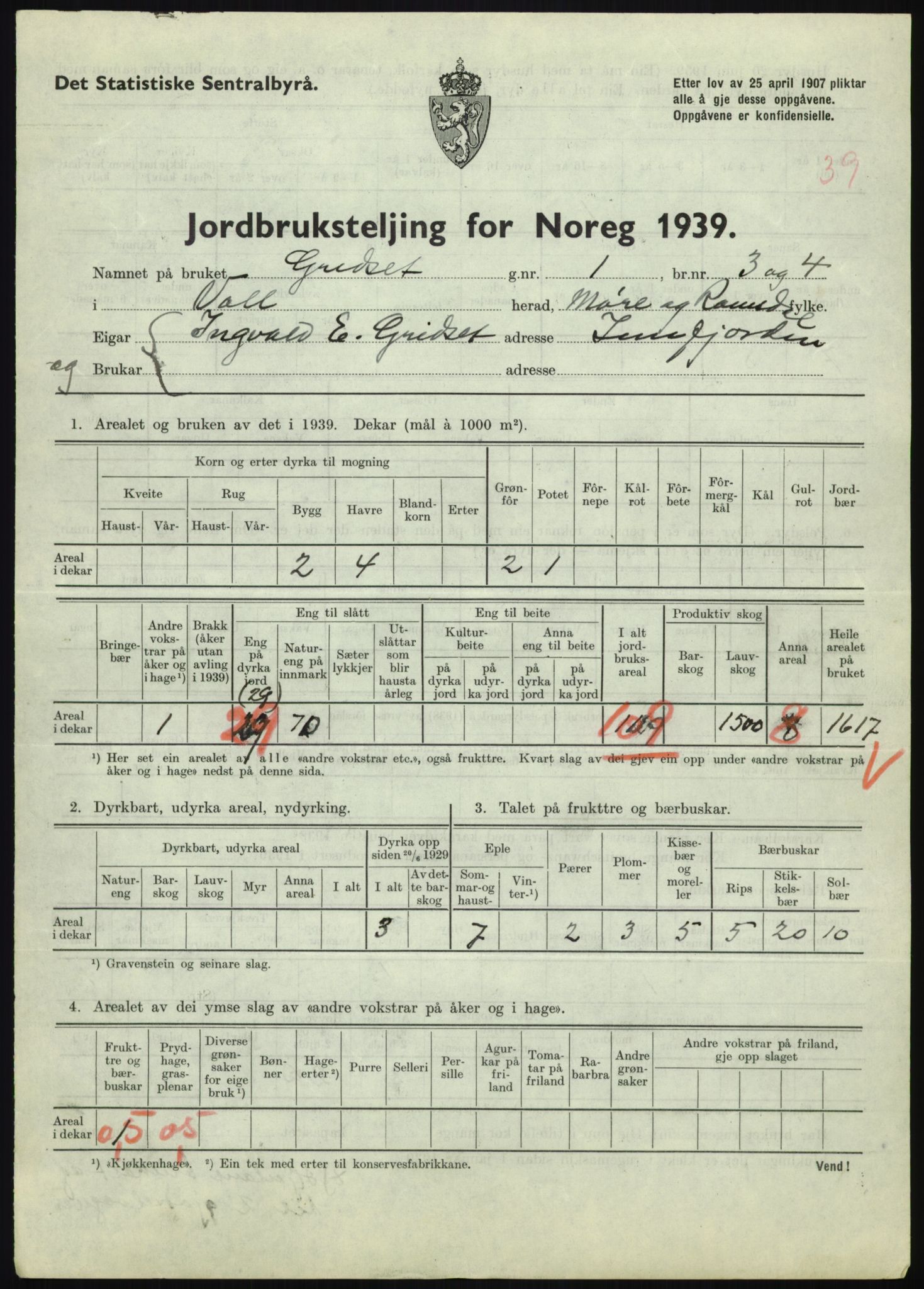 Statistisk sentralbyrå, Næringsøkonomiske emner, Jordbruk, skogbruk, jakt, fiske og fangst, AV/RA-S-2234/G/Gb/L0251: Møre og Romsdal: Voll, Eid, Grytten og Hen, 1939, p. 333