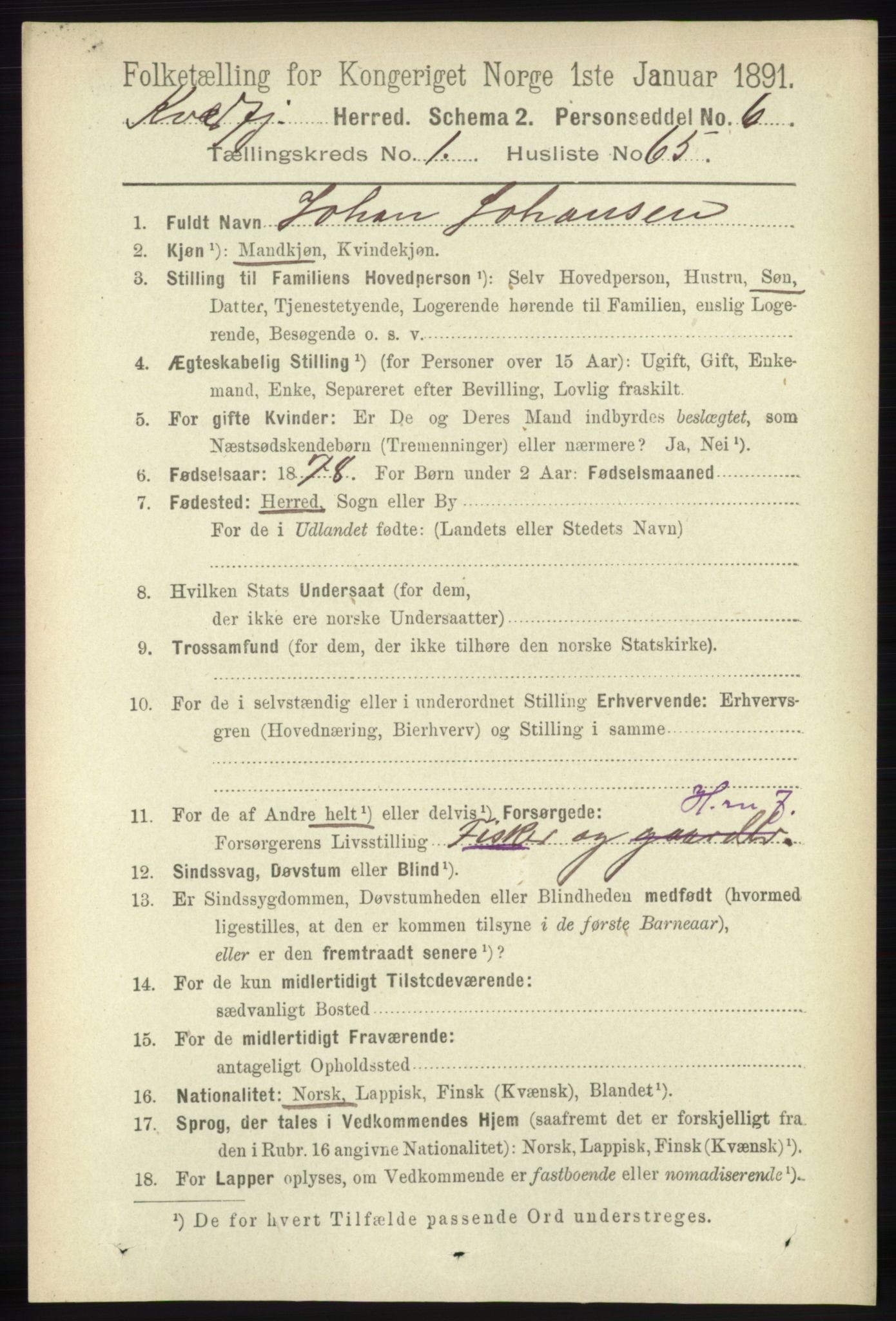 RA, 1891 census for 1911 Kvæfjord, 1891, p. 549