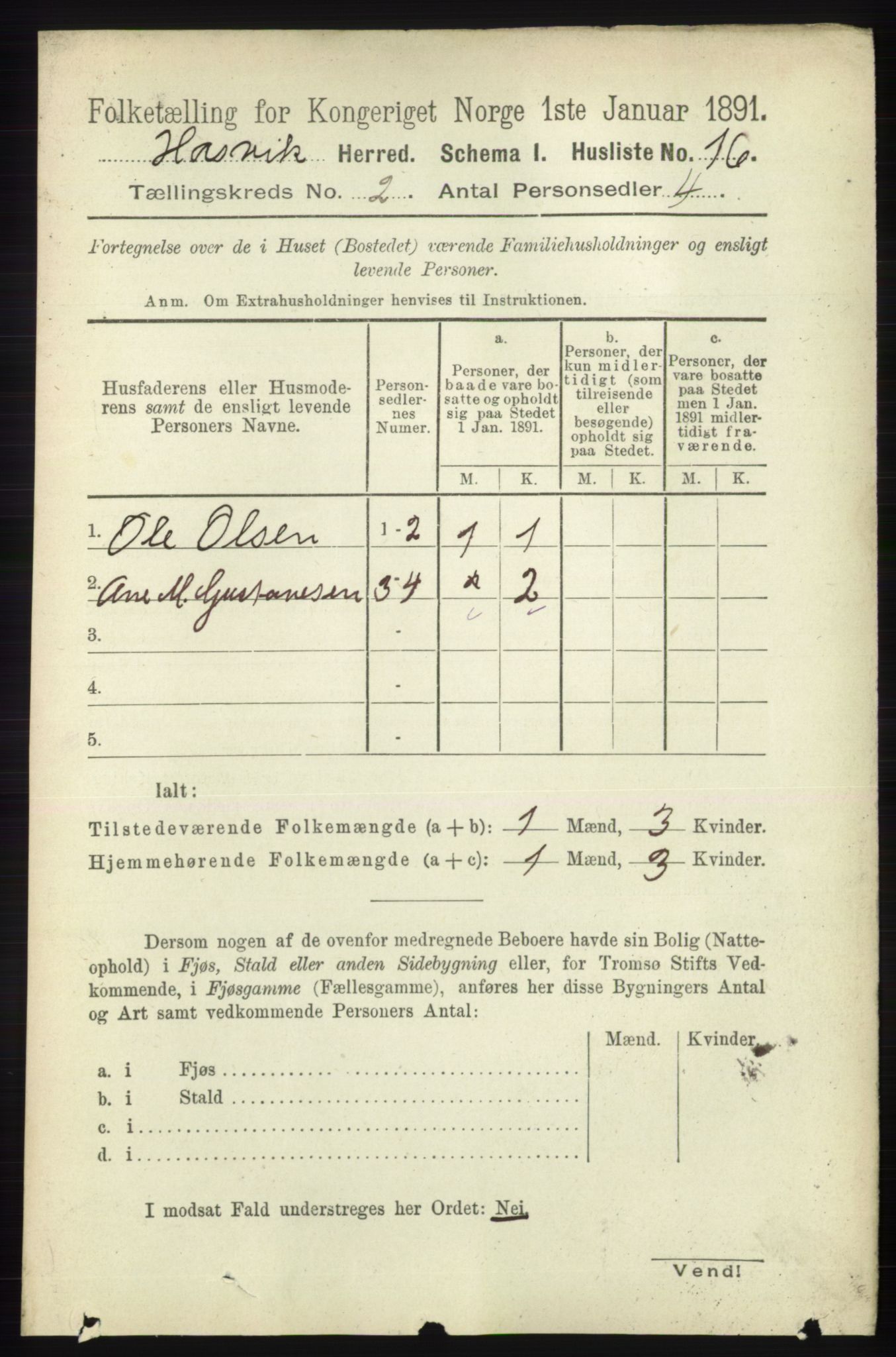 RA, 1891 census for 2015 Hasvik, 1891, p. 276