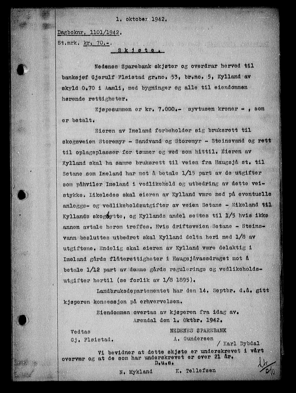 Nedenes sorenskriveri, AV/SAK-1221-0006/G/Gb/Gba/L0050: Mortgage book no. A-IV, 1942-1943, Diary no: : 1101/1942