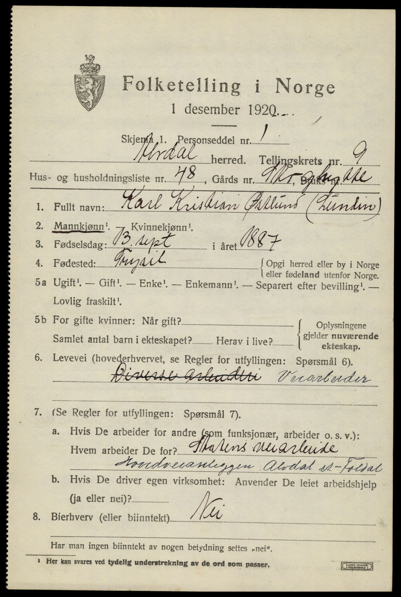 SAH, 1920 census for Alvdal, 1920, p. 5454