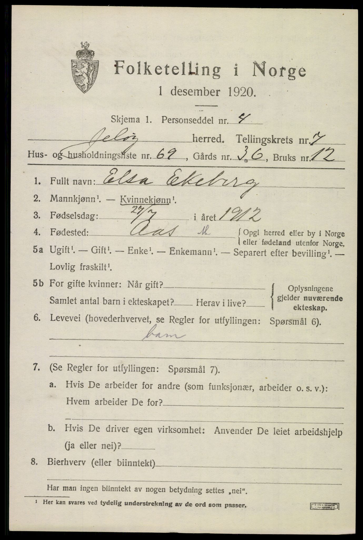 SAO, 1920 census for Moss land district, 1920, p. 8643