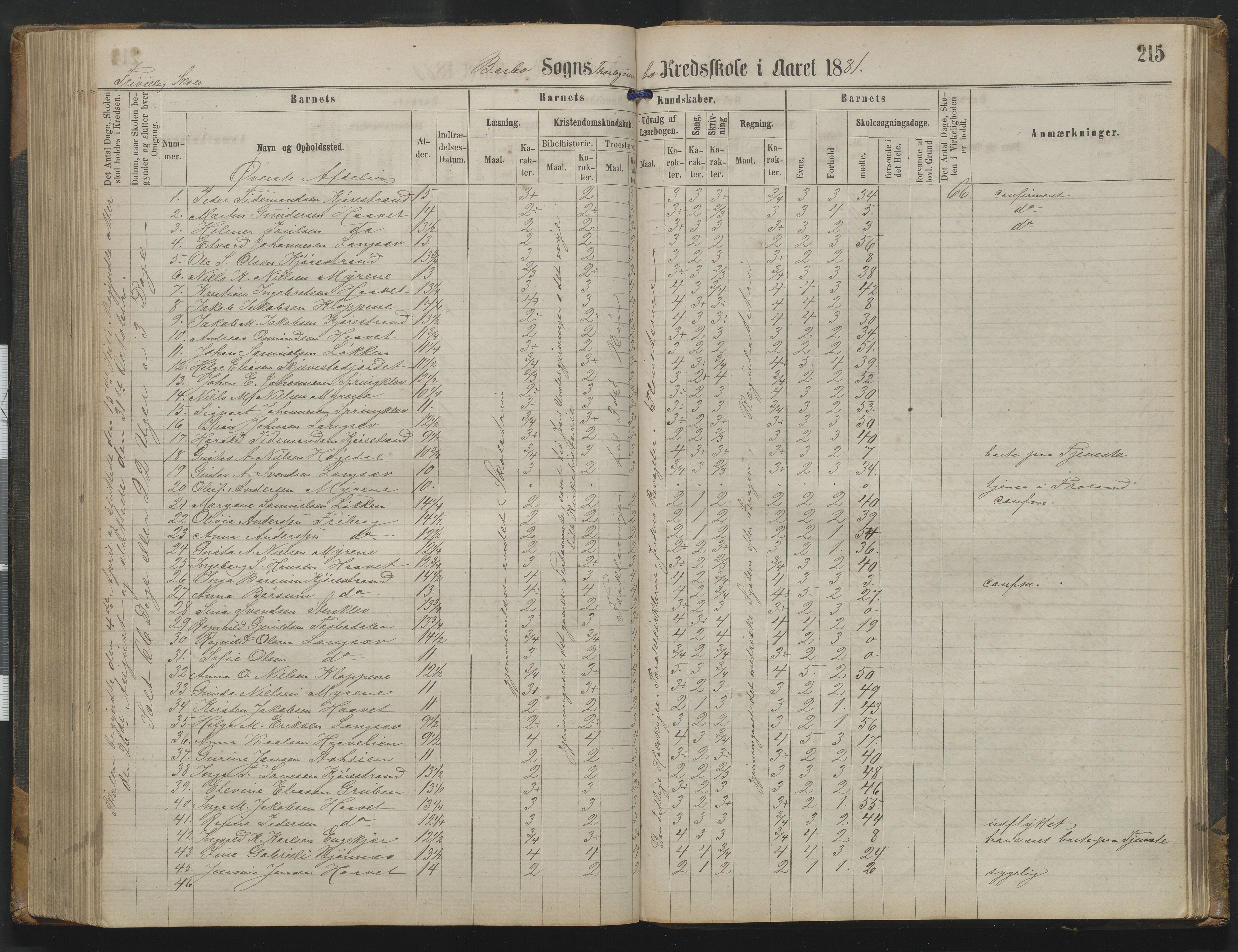 Arendal kommune, Katalog I, AAKS/KA0906-PK-I/07/L0342: Protokoll Torbjørnsbu skole, 1869-1890, p. 215