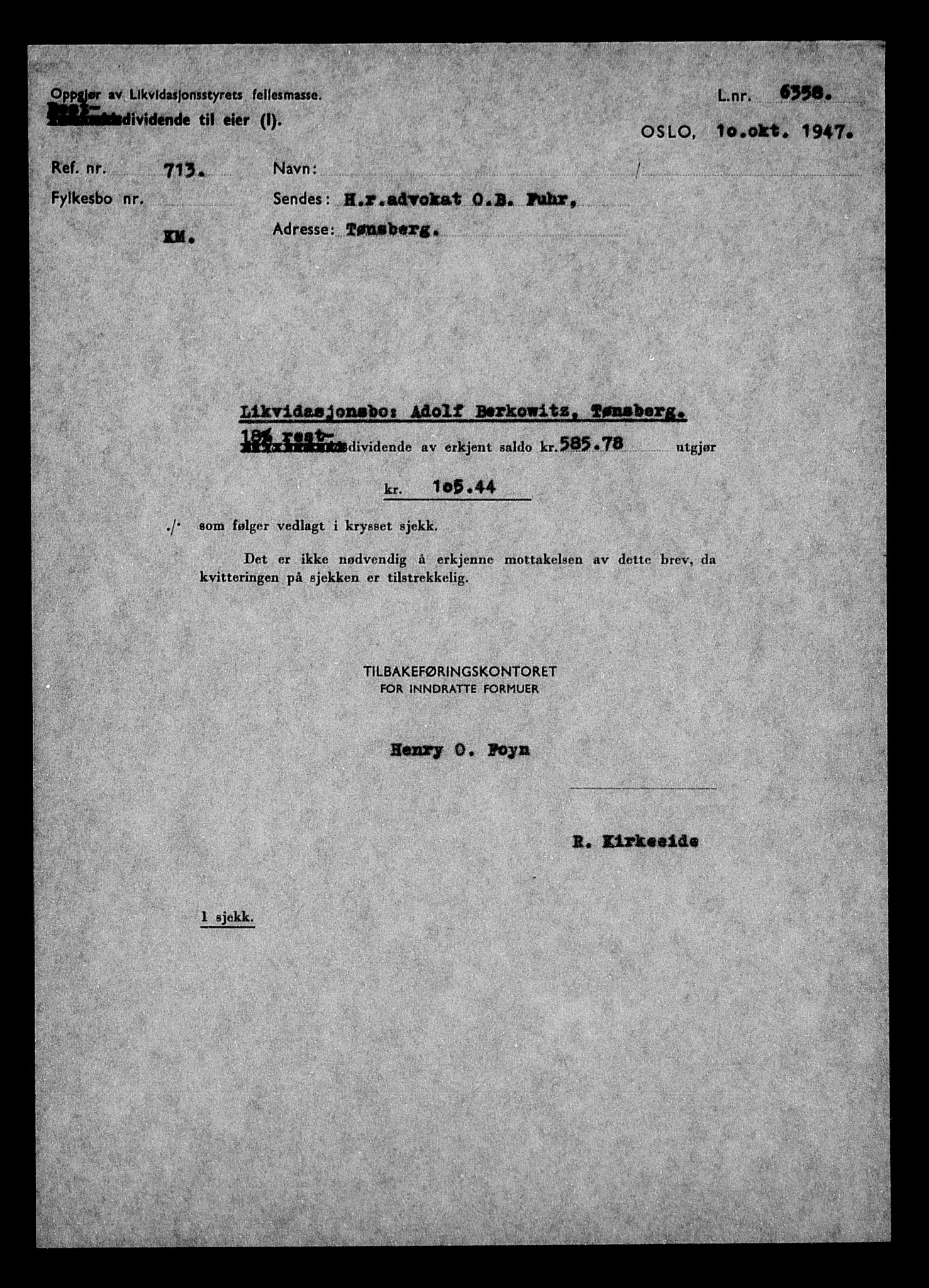 Justisdepartementet, Tilbakeføringskontoret for inndratte formuer, AV/RA-S-1564/H/Hc/Hcd/L0991: --, 1945-1947, p. 62