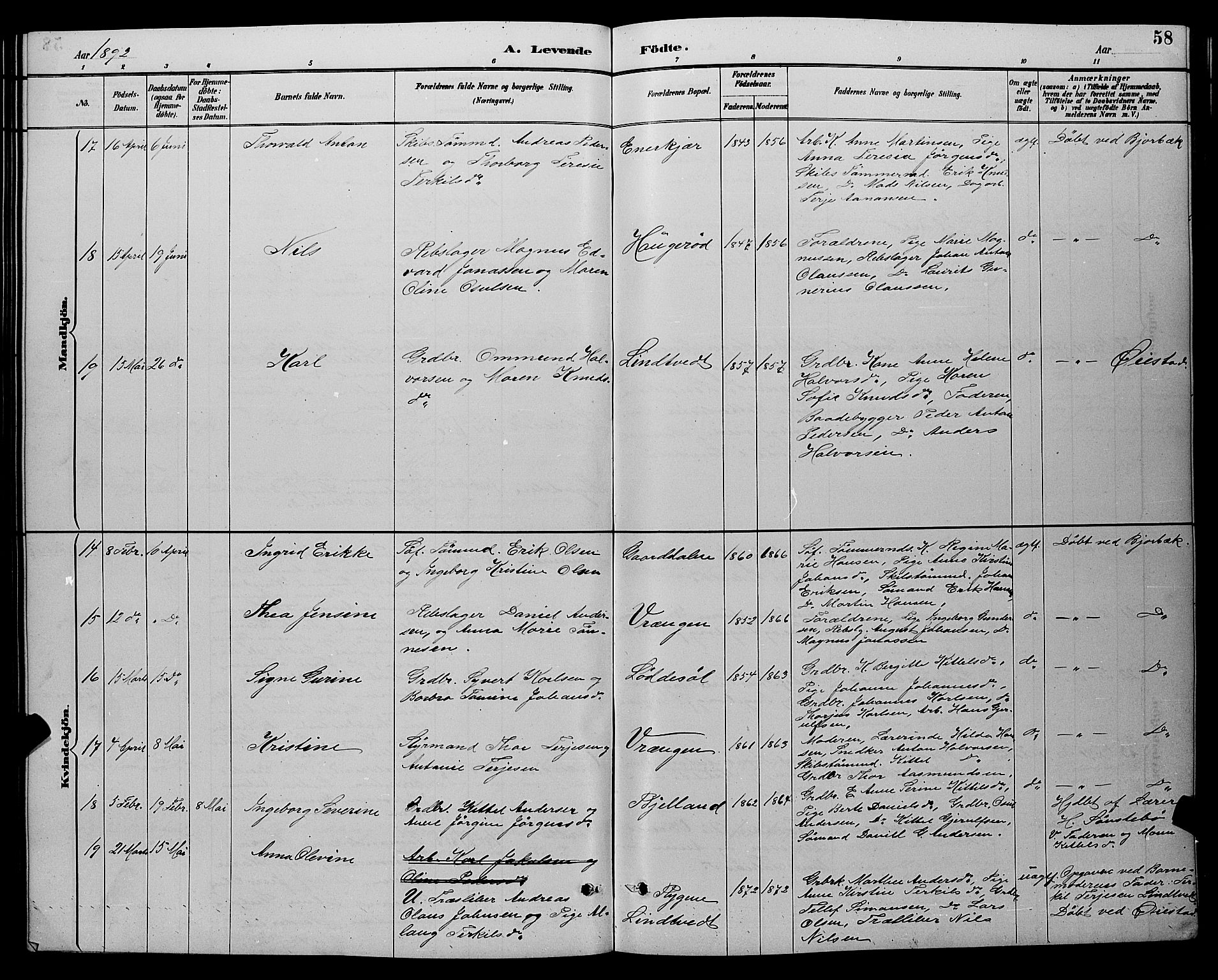 Øyestad sokneprestkontor, AV/SAK-1111-0049/F/Fb/L0009: Parish register (copy) no. B 9, 1886-1896, p. 58