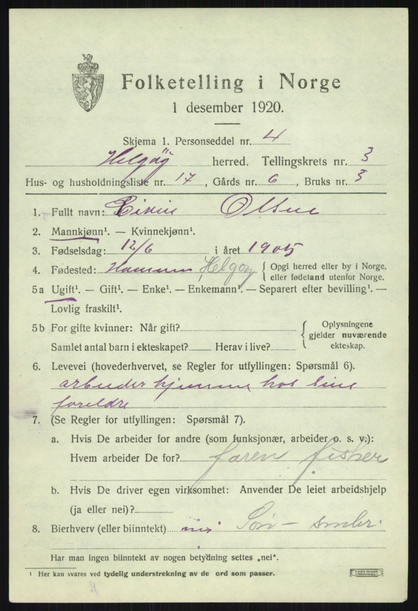 SATØ, 1920 census for Helgøy, 1920, p. 1605